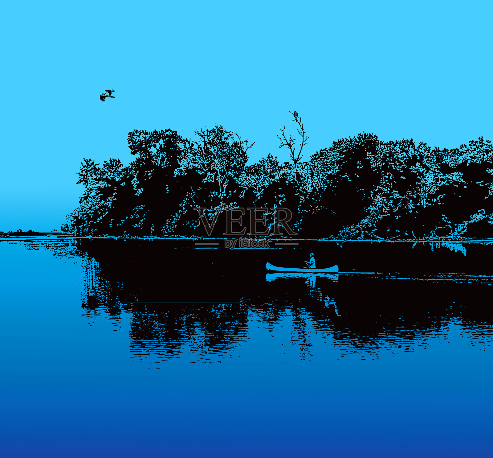 和鱼鹰在宁静的湖面上划独木舟插画图片素材