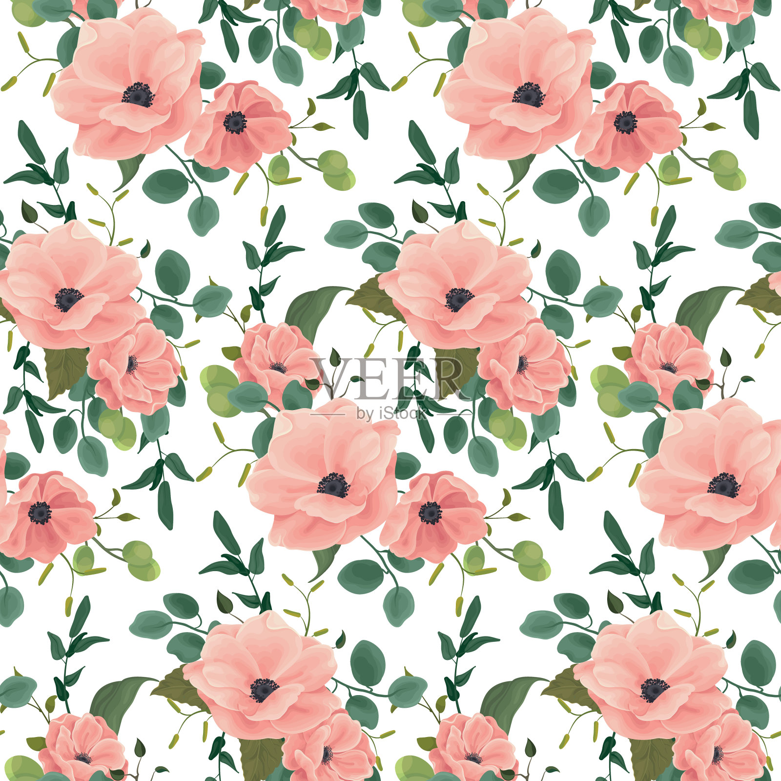 无缝图案与粉红色的花朵，在花束上的白色背景的叶子。花卉图案,向量。插画图片素材