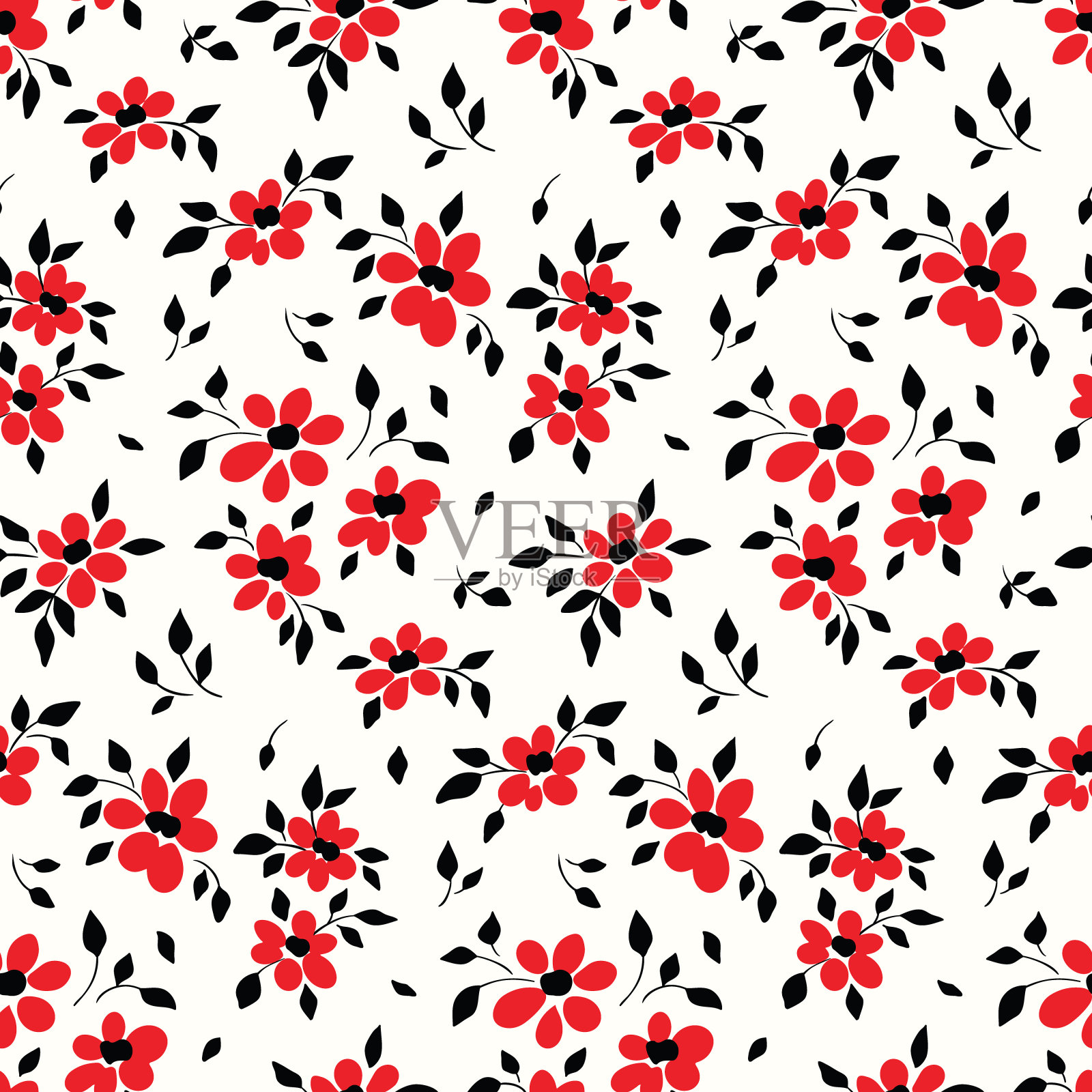 无缝图案小红花，黑色墨水叶在白色背景。复古花卉图案，矢量。插画图片素材