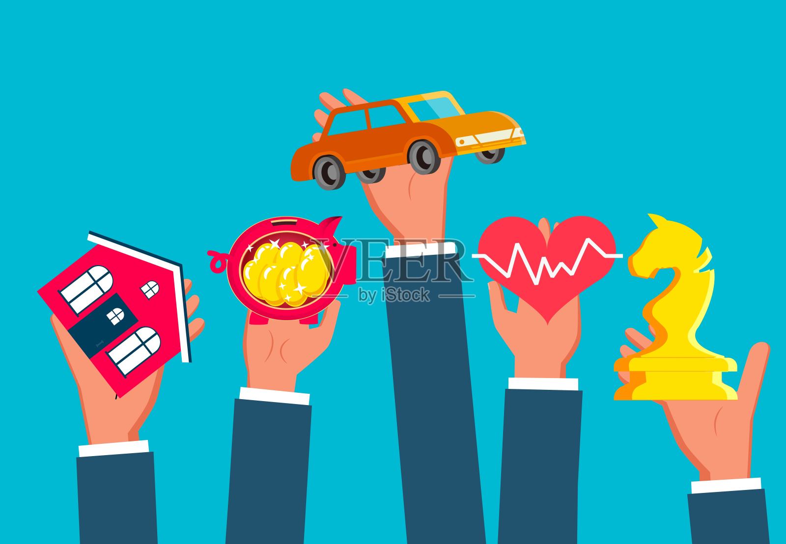 人生的欲望和追求，手中的房子，一辆小车，一个存钱罐，一次健康测试，一盘权力的棋局插画图片素材