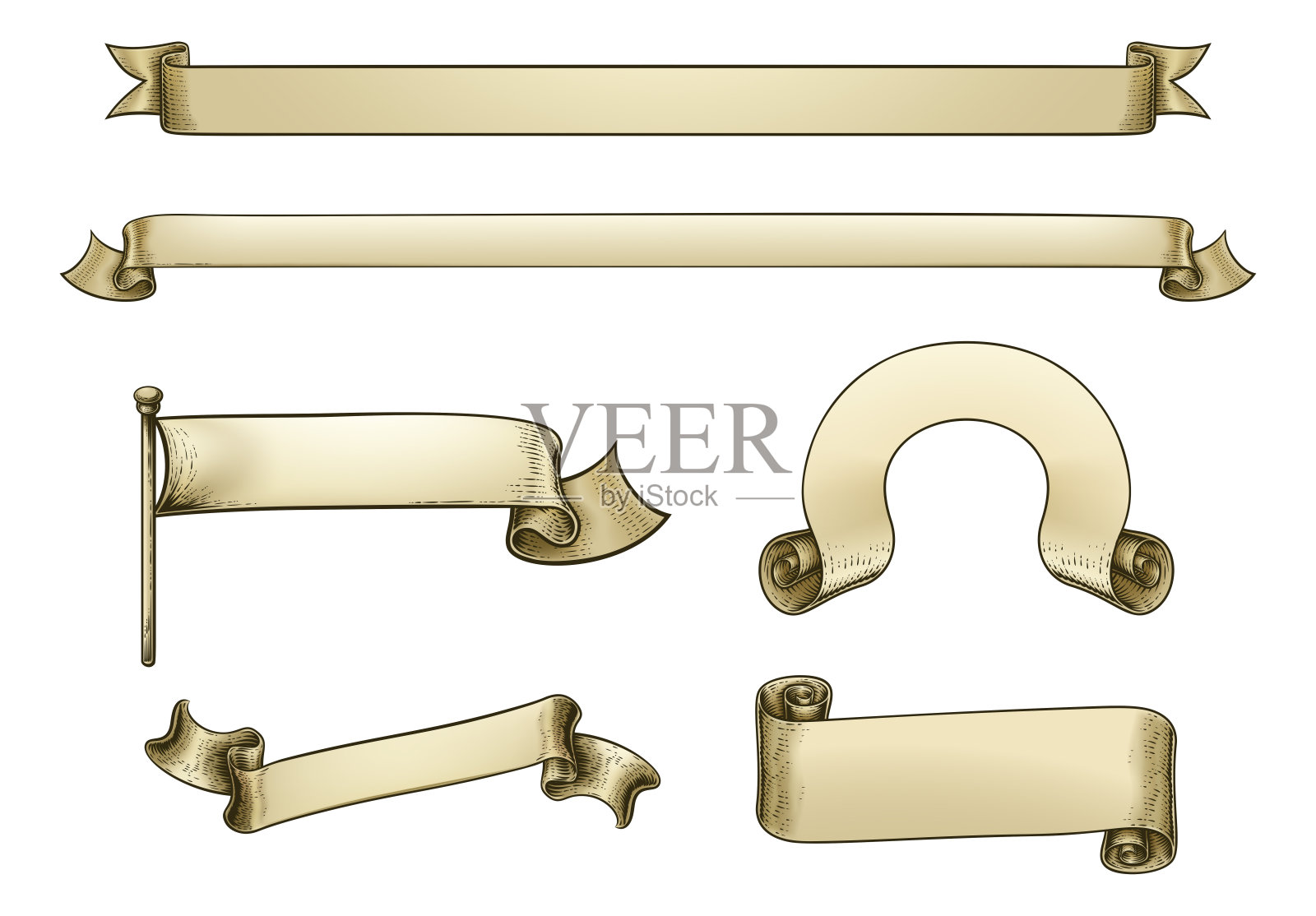 卷轴纸旗帜羊皮纸旗帜缎带木刻插画图片素材