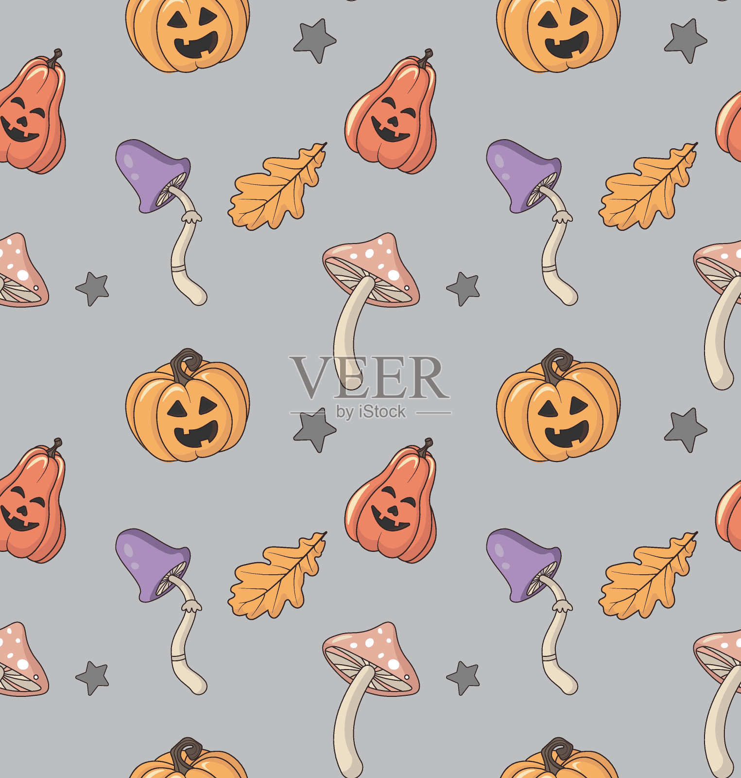 复古groovy万圣节图案迷幻嬉皮风格蘑菇，南瓜和叶子在蓝色的背景。插画图片素材