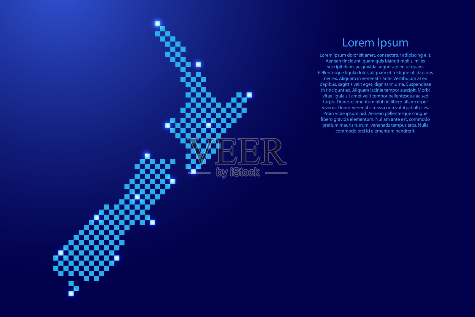 新西兰地图从未来的蓝色方格网格图案和发光的星星横幅，海报，贺卡插画图片素材