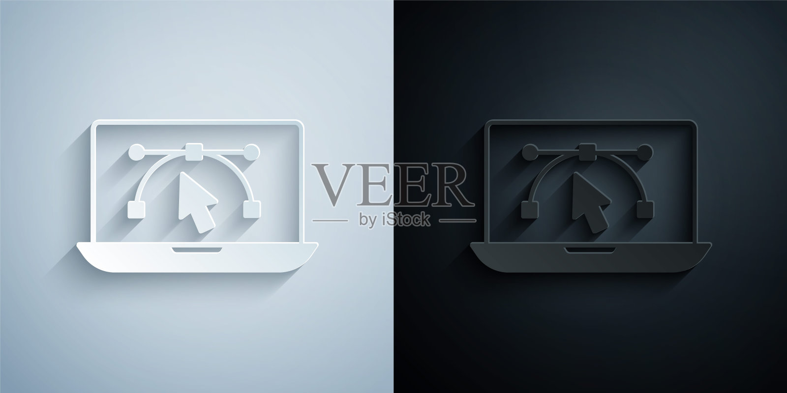 剪纸电脑显示与矢量设计程序图标孤立孤立在灰色和黑色的背景。照片编辑软件与用户界面。纸艺风格。向量图标素材