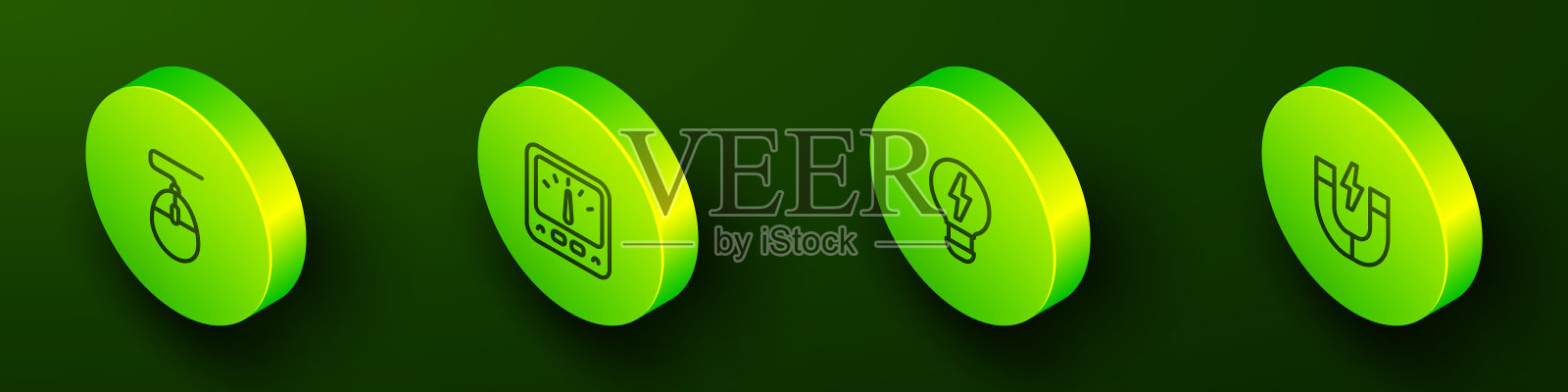 设置等距线电脑鼠标，安培表，万用表，创意灯的光的想法和磁铁图标。向量插画图片素材