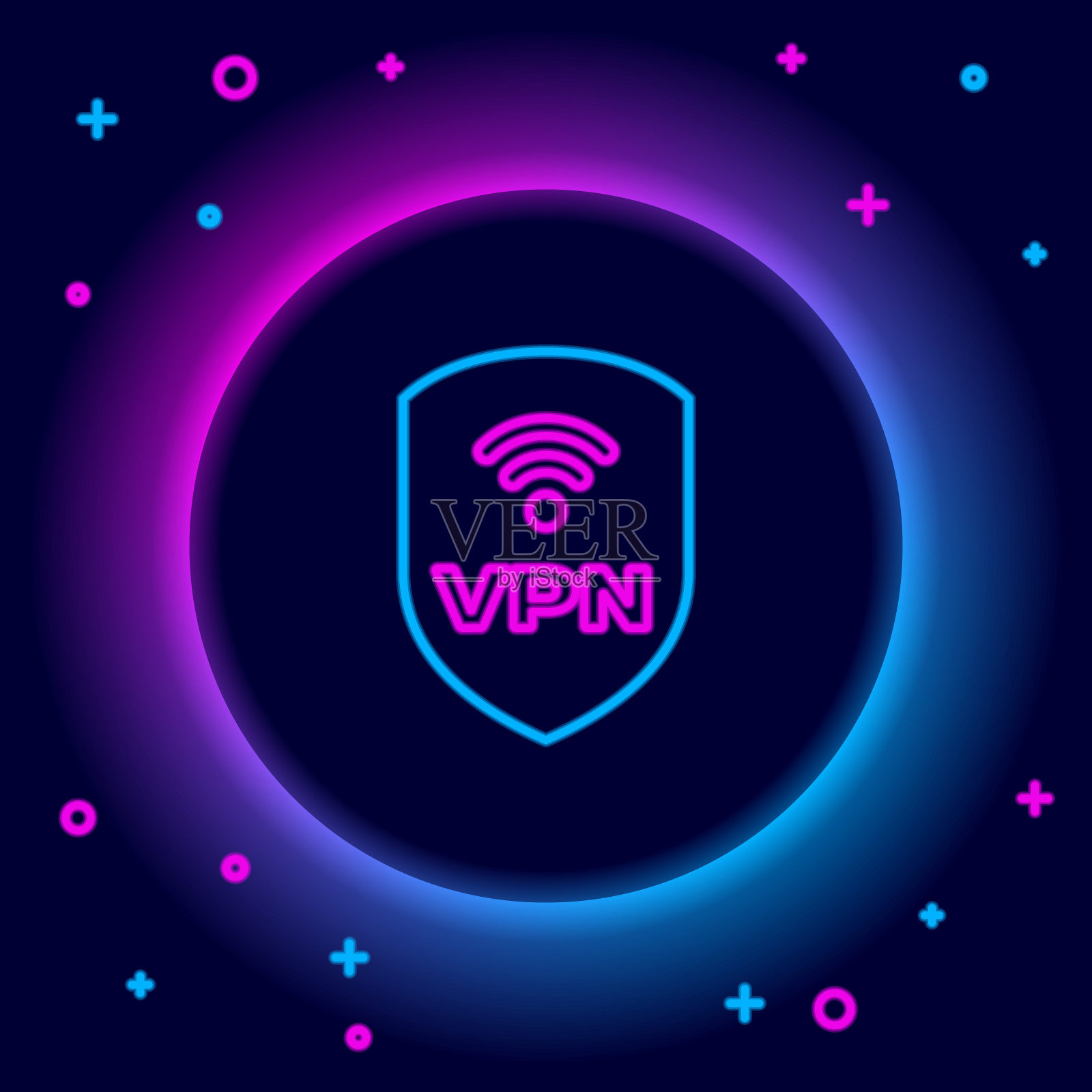 发光的霓虹线屏蔽与VPN和wifi无线互联网的网络符号图标孤立的黑色背景。VPN保护安全理念。色彩缤纷的轮廓概念。向量插画图片素材