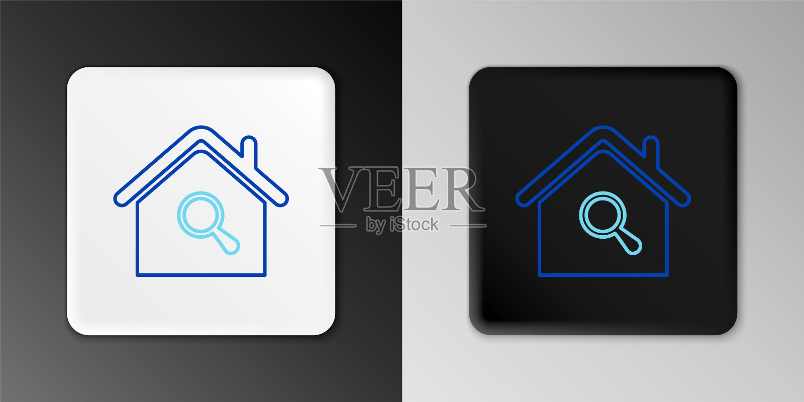 线搜索房子图标孤立的灰色背景。房地产象征着放大镜下的房子。色彩缤纷的轮廓概念。向量插画图片素材