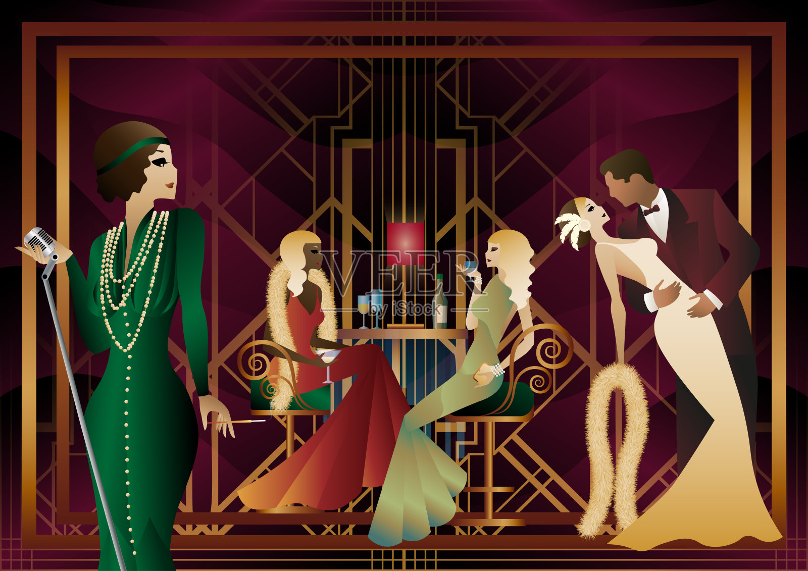 女孩拿着麦克风，人们在跳舞插画图片素材