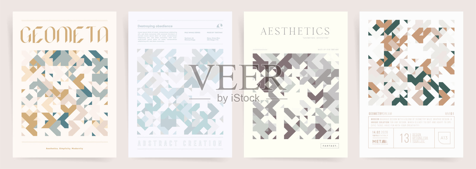 抽象几何封面模板集。简单复古的A4海报背景与排版，完美的墙壁艺术，印刷设计，小册子，演示文稿，书籍或杂志封面，标书，传单。插画图片素材