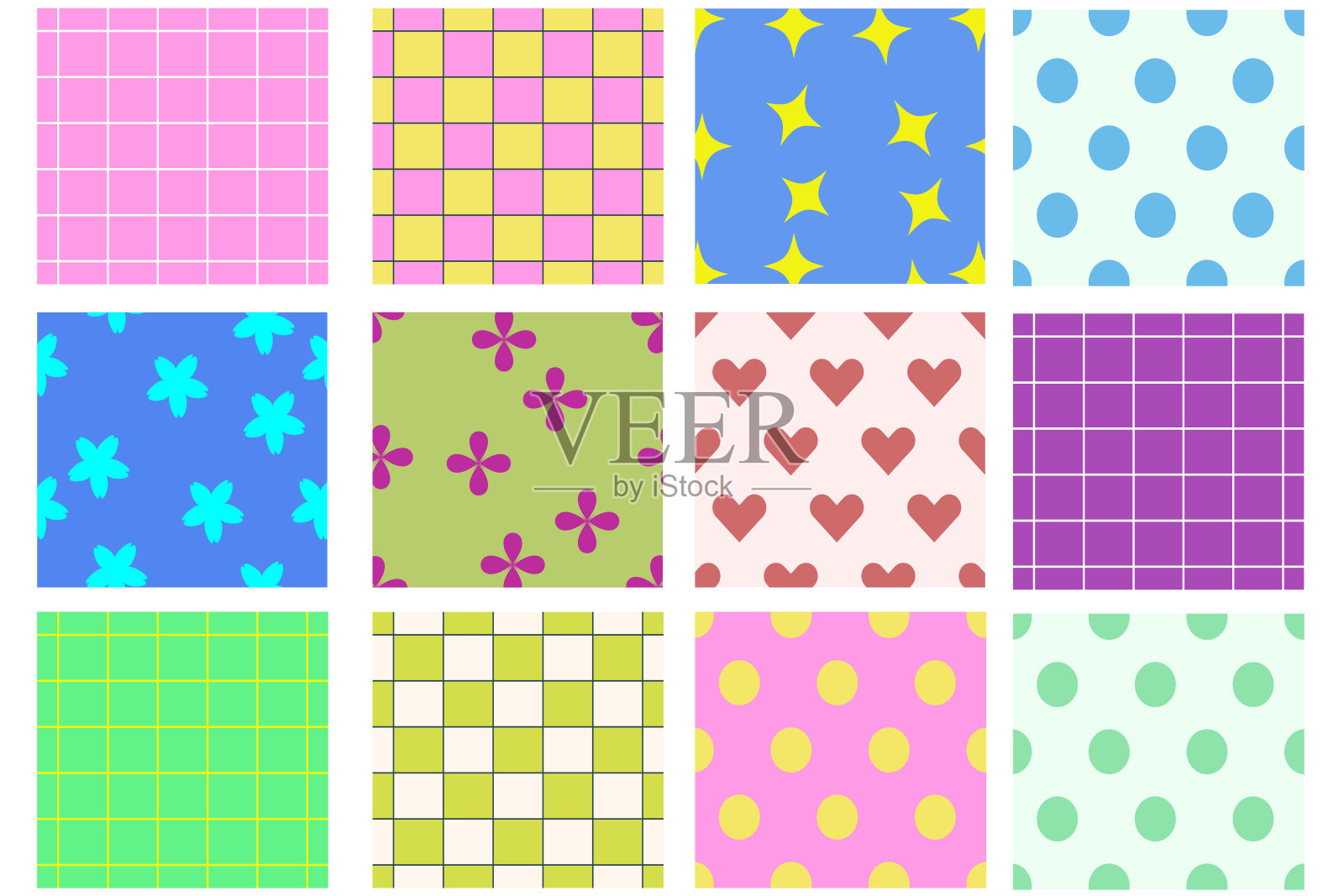 Groovy无缝图案与有趣的快乐雏菊，波浪，象棋，网格，彩虹。一组矢量背景在时尚复古的梦幻y2k风格。淡紫色和绿色。有趣的嬉皮纹理表面设计。插画图片素材