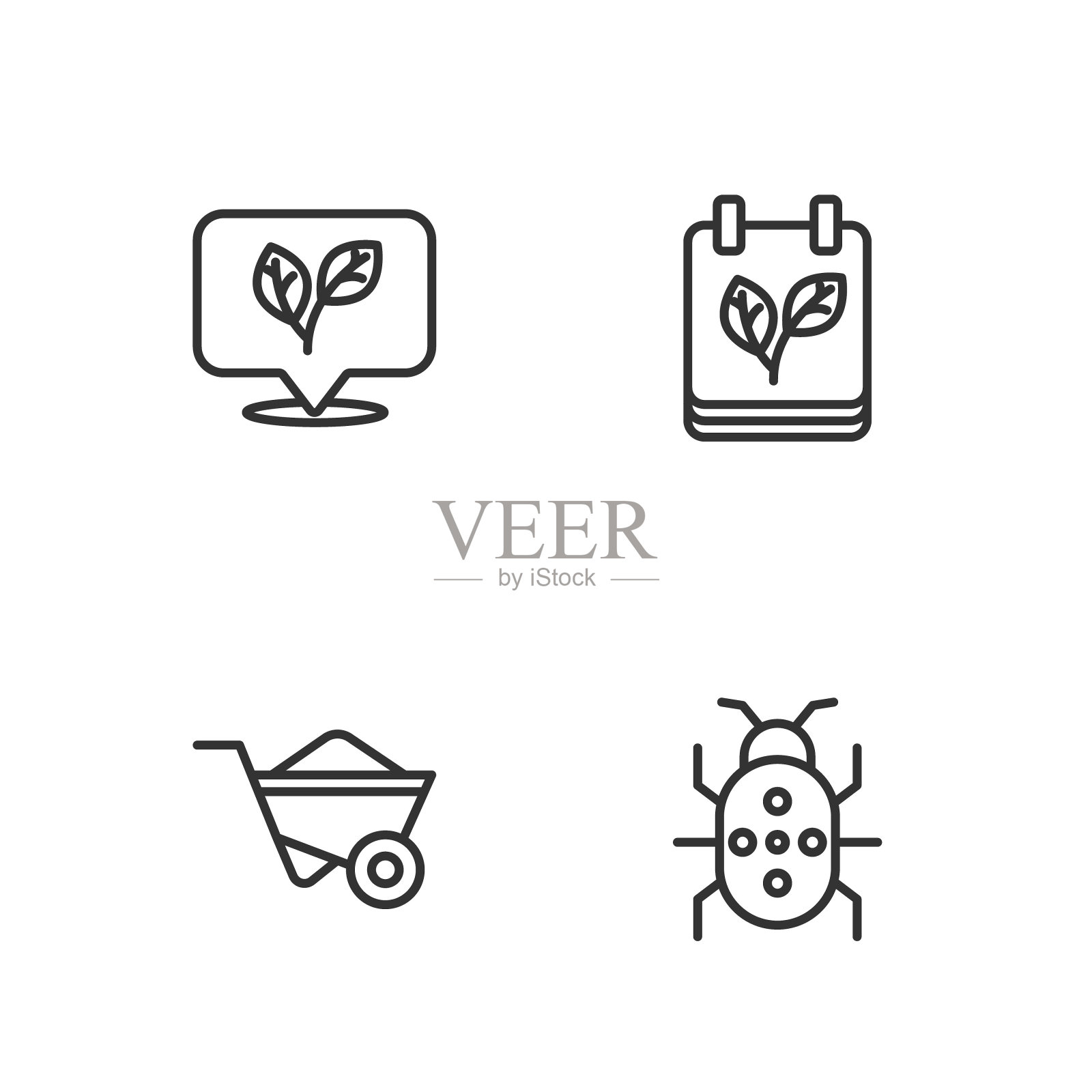 设置线科罗拉多甲虫，独轮车，叶子和日历与秋天的叶子图标。向量图标素材