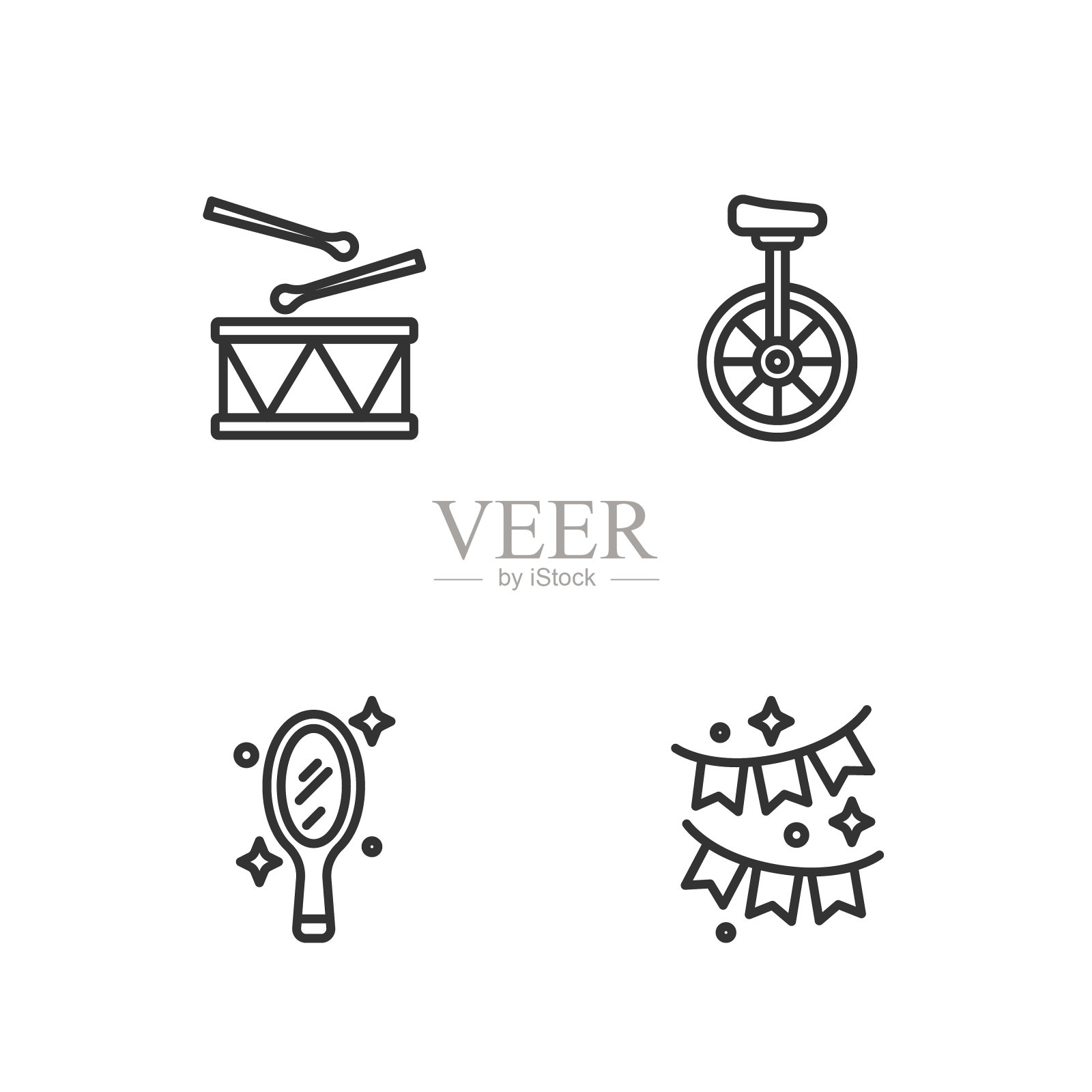 集线嘉年华花环与旗帜，魔术手镜，鼓鼓棒和独轮车图标。向量插画图片素材