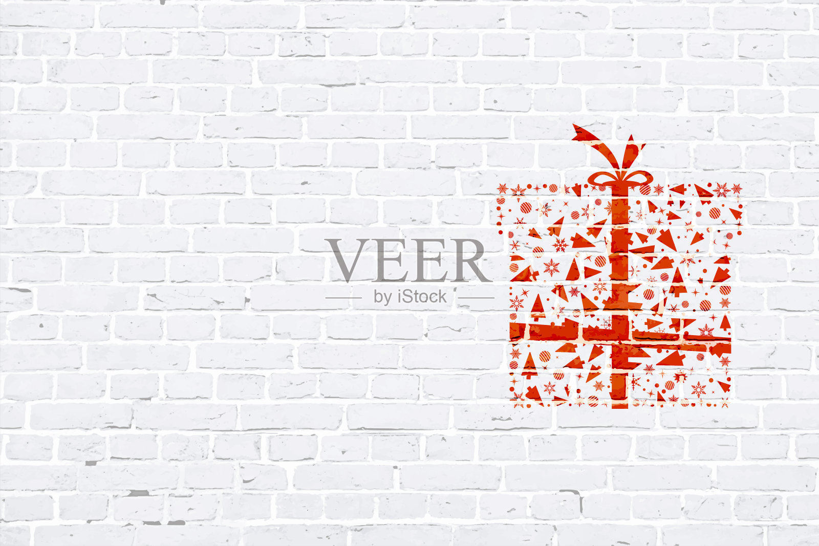 现代白色砖图案墙纹理垃圾背景圣诞矢量插画与红色创意圣诞礼盒涂鸦涂鸦在墙上插画图片素材