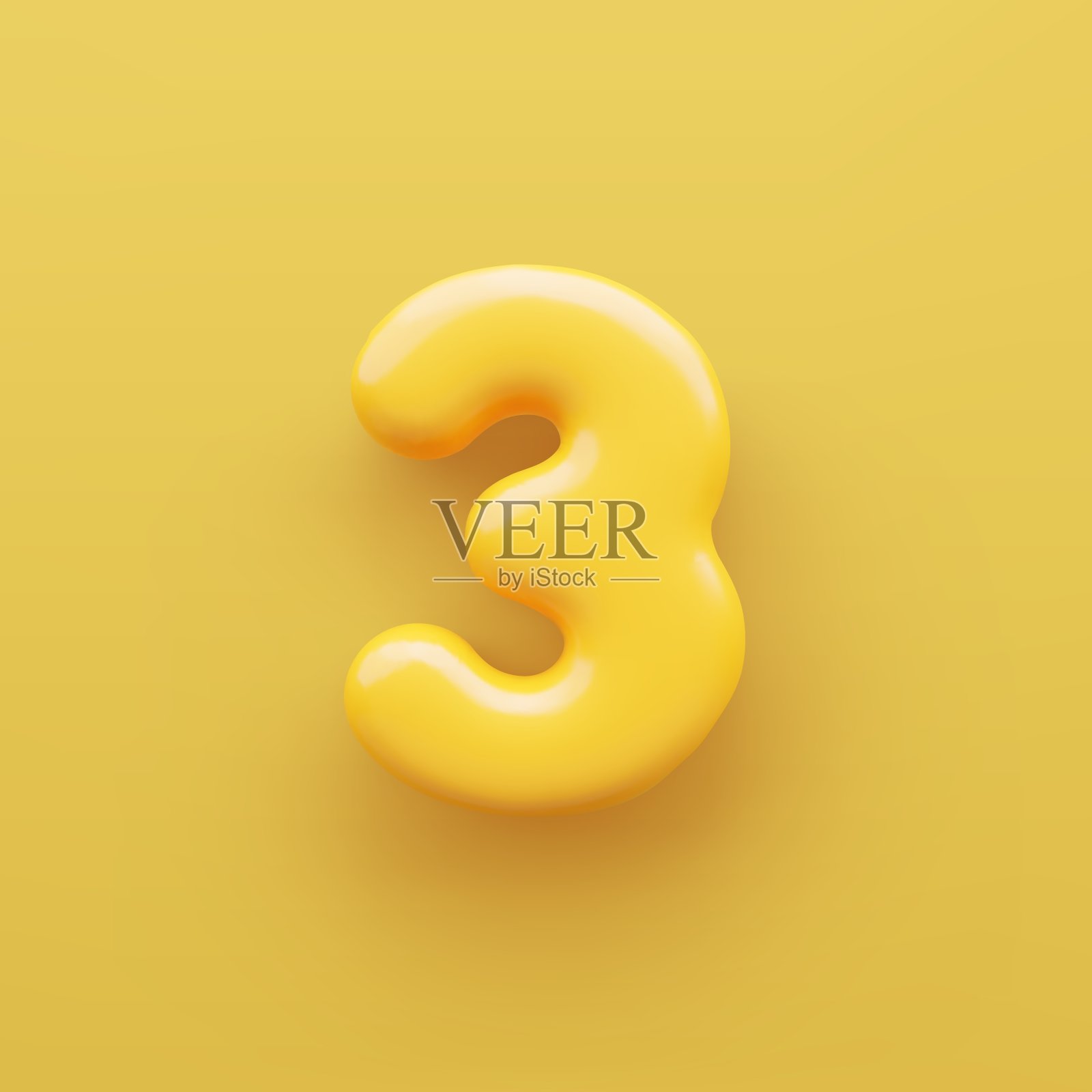3D黄色数字3与光滑的表面上的黄色背景。插画图片素材