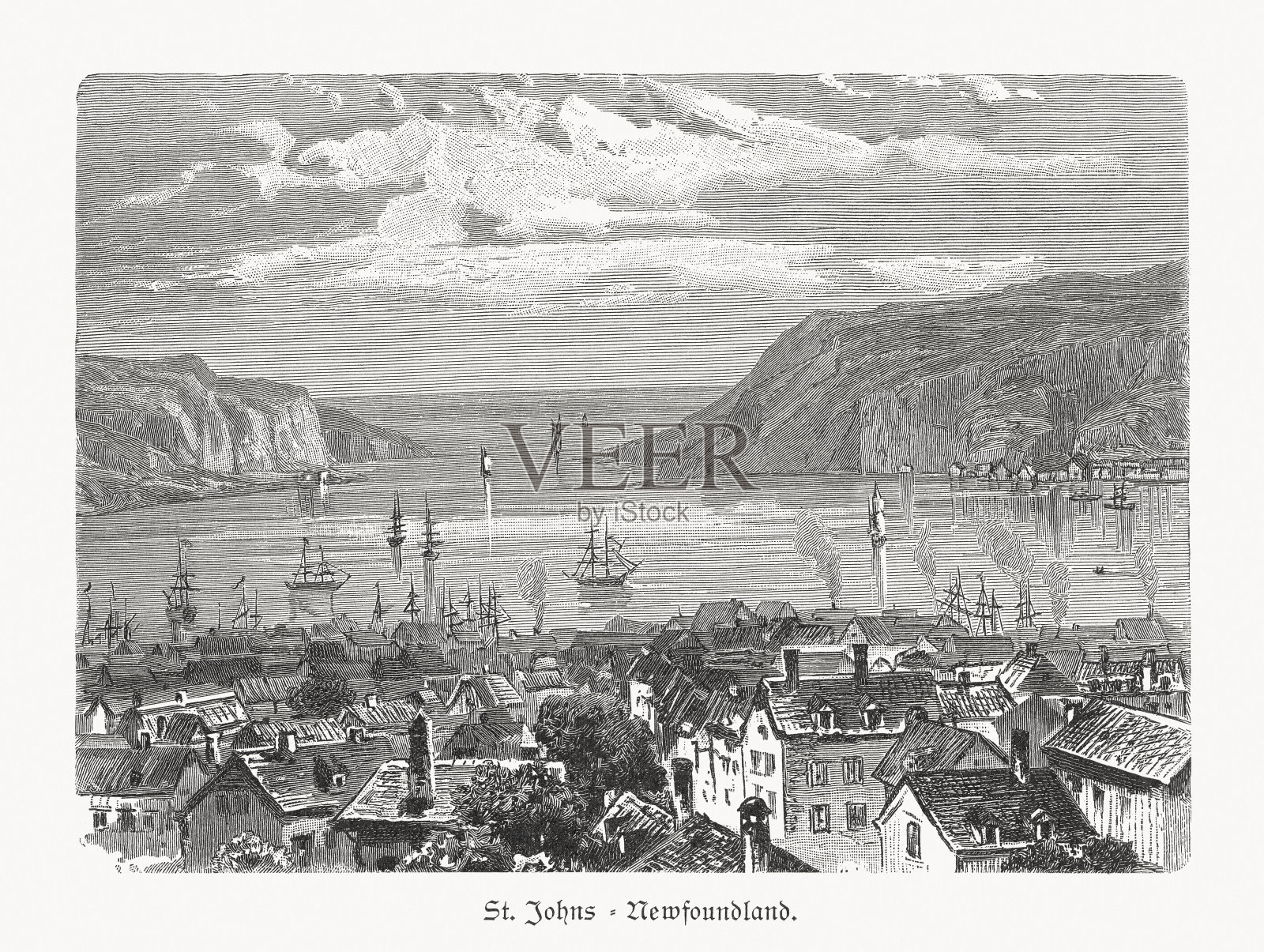 加拿大纽芬兰圣约翰的历史观，木版画，1897年出版插画图片素材