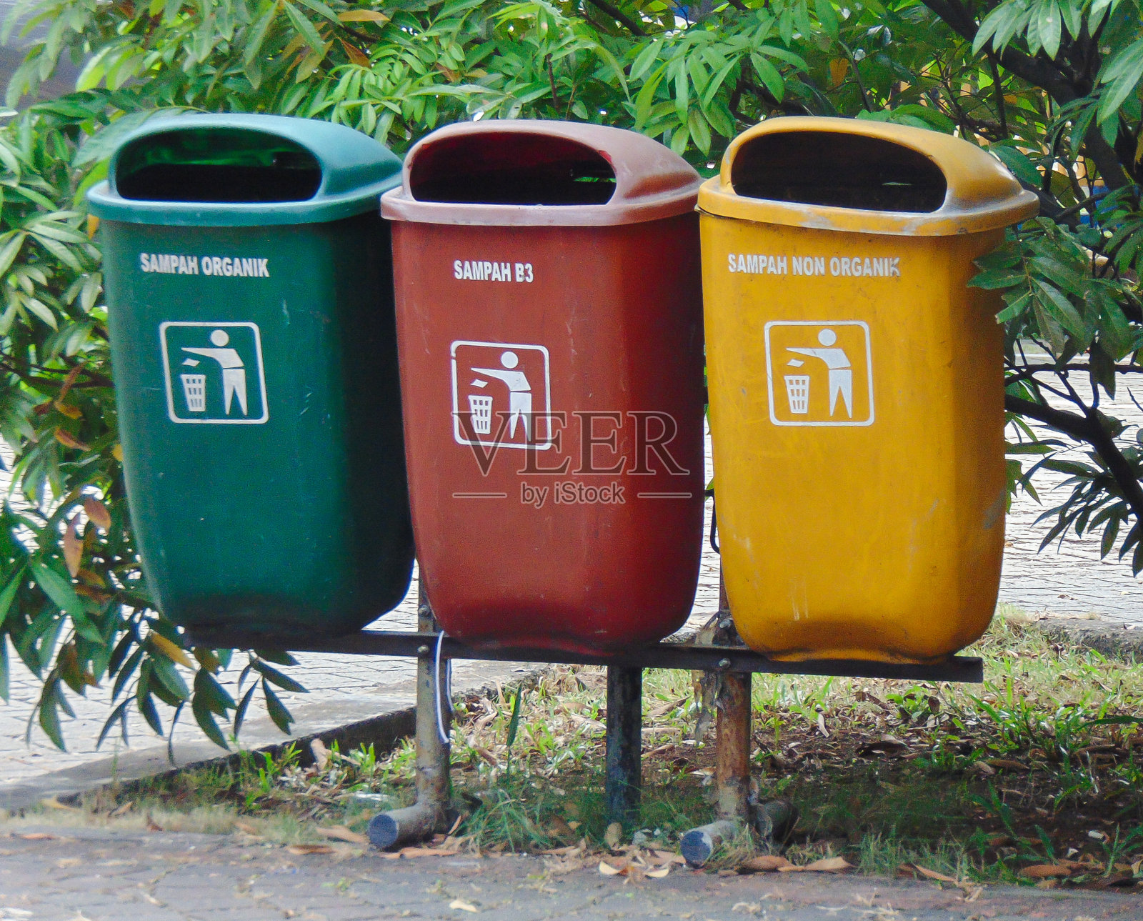 公园里有三个垃圾桶照片摄影图片