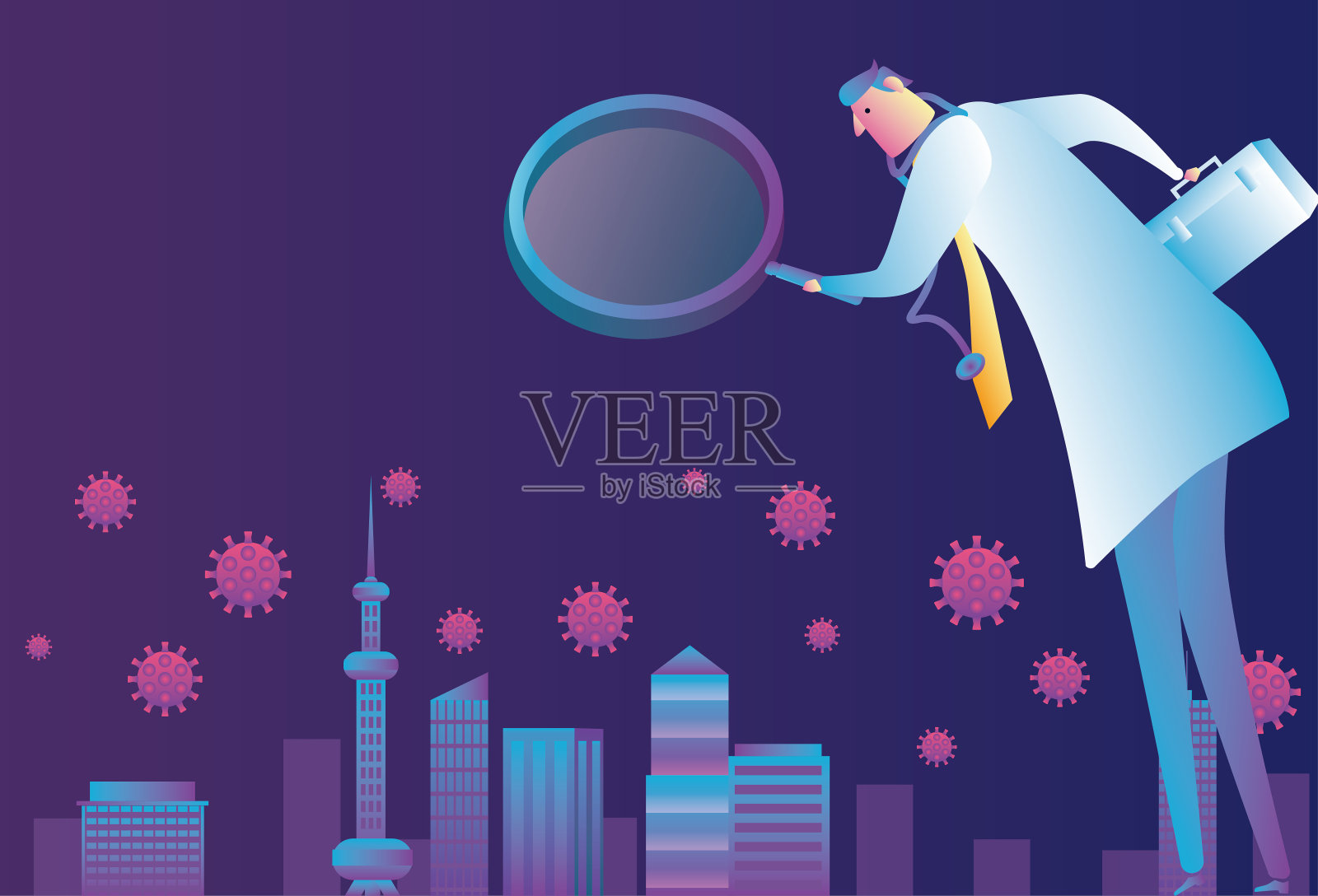 医生用放大镜检查城市中的病毒，医生保护城市插画图片素材