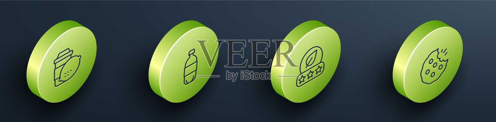 设置等距线杯茶与柠檬瓶图标素材