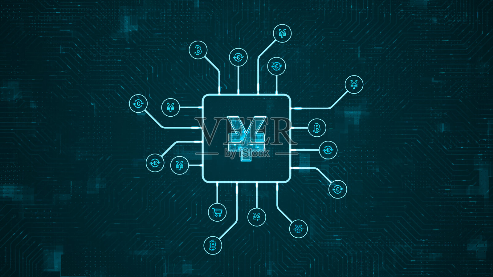 蓝色数字货币标志和未来主义HUD技术电路板，货币图标和数据传输在抽象背景加密货币金融和数字货币概念照片摄影图片