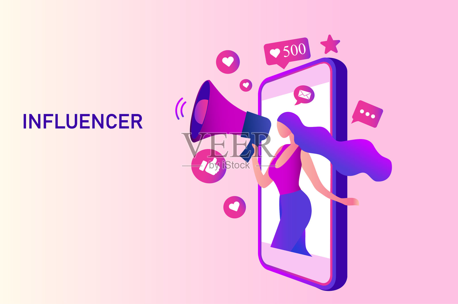 美女用扩音器用社交媒体图标大喊大叫。影响者社交媒体营销，博主，视频日志，社会影响者和影响者营销概念矢量插图插画图片素材