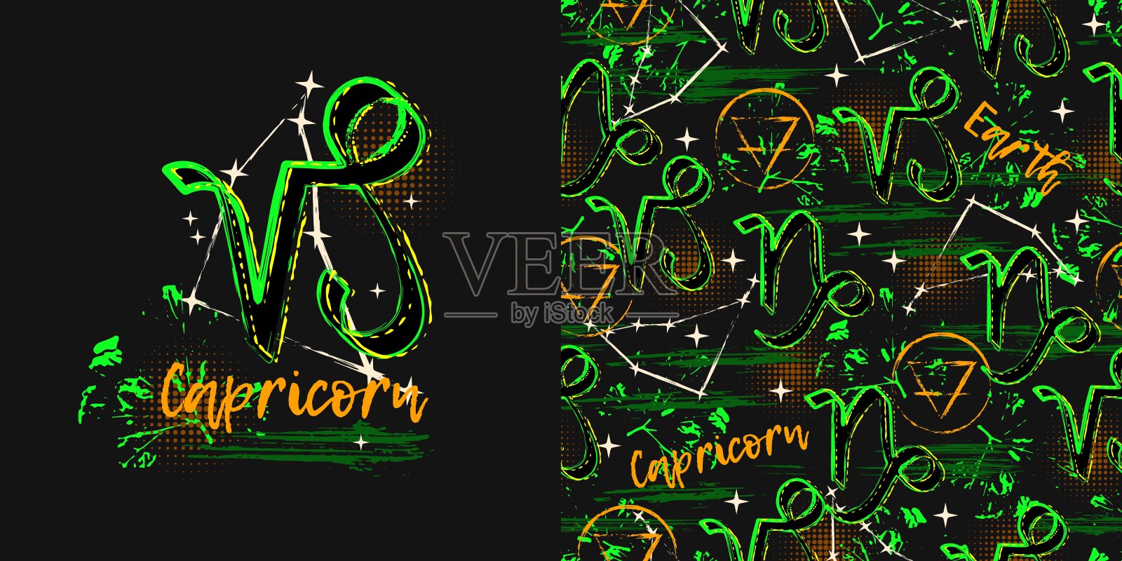 标签，图案与星座星座星座摩羯座，文字，油漆飞溅，涂抹，笔触。占星术中土元素的神秘元素。用于街头风格的装饰插画图片素材