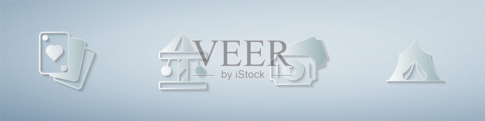 设置扑克牌，景点旋转木马，马戏团门票和帐篷。纸艺风格。向量插画图片素材