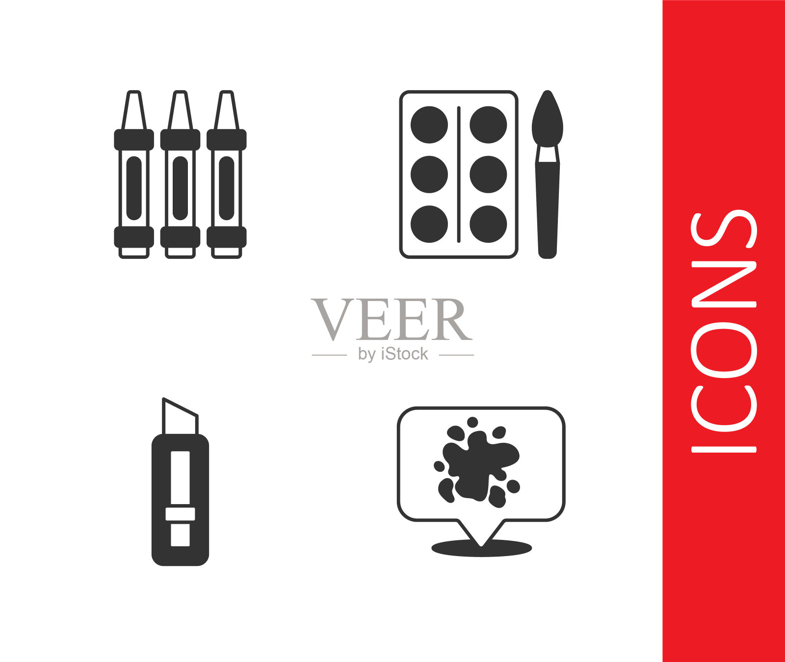 集喷漆，蜡笔绘图，文具刀和水彩颜料盒图标。向量图标素材