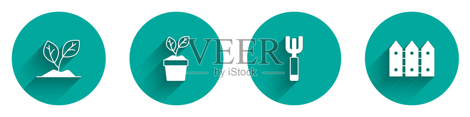 设置萌芽，植物在锅，花园干草叉和栅栏木制图标长阴影。向量插画图片素材