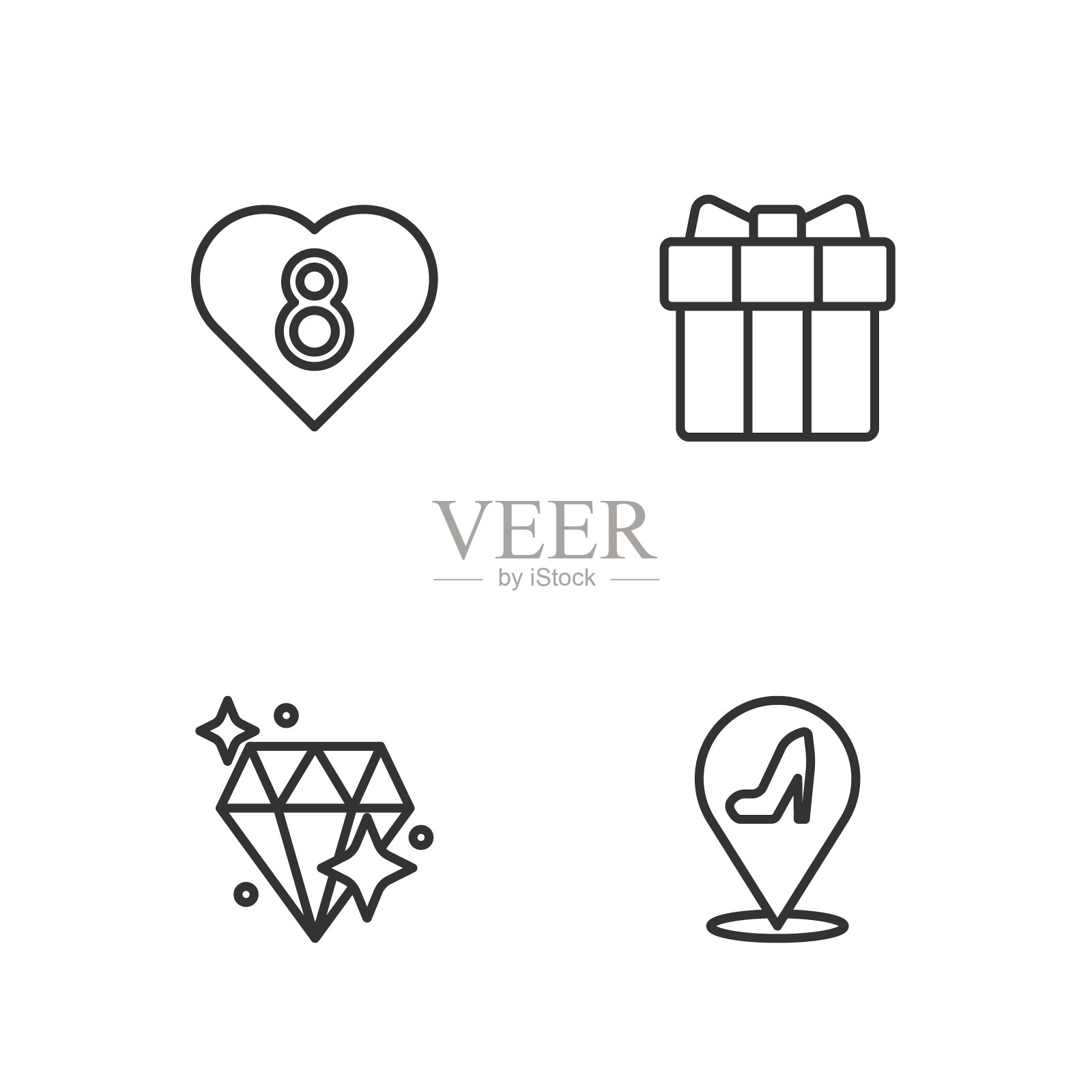 套装线女鞋，钻石，心与8三月和礼盒和心脏图标。向量图标素材