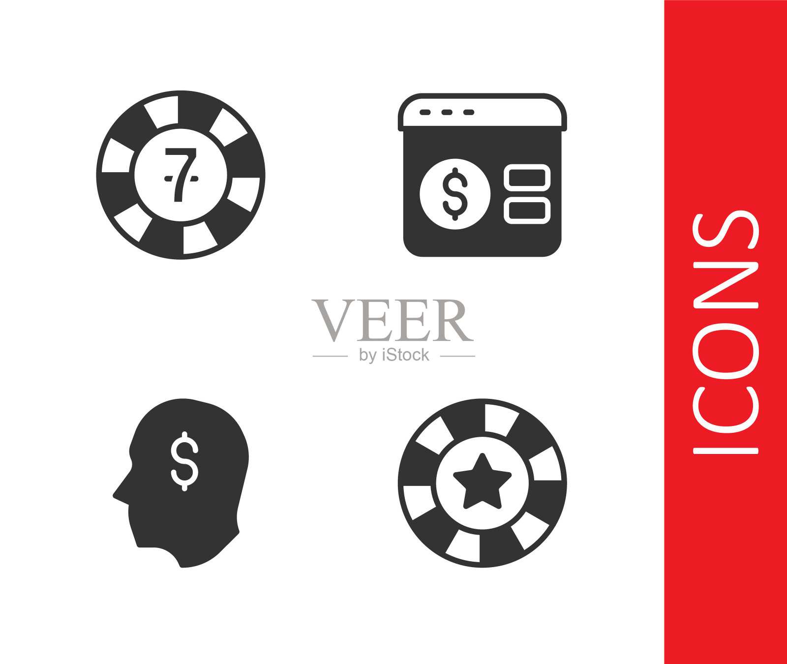 设置赌场筹码，幸运的球员和在线扑克桌游戏图标。向量图标素材