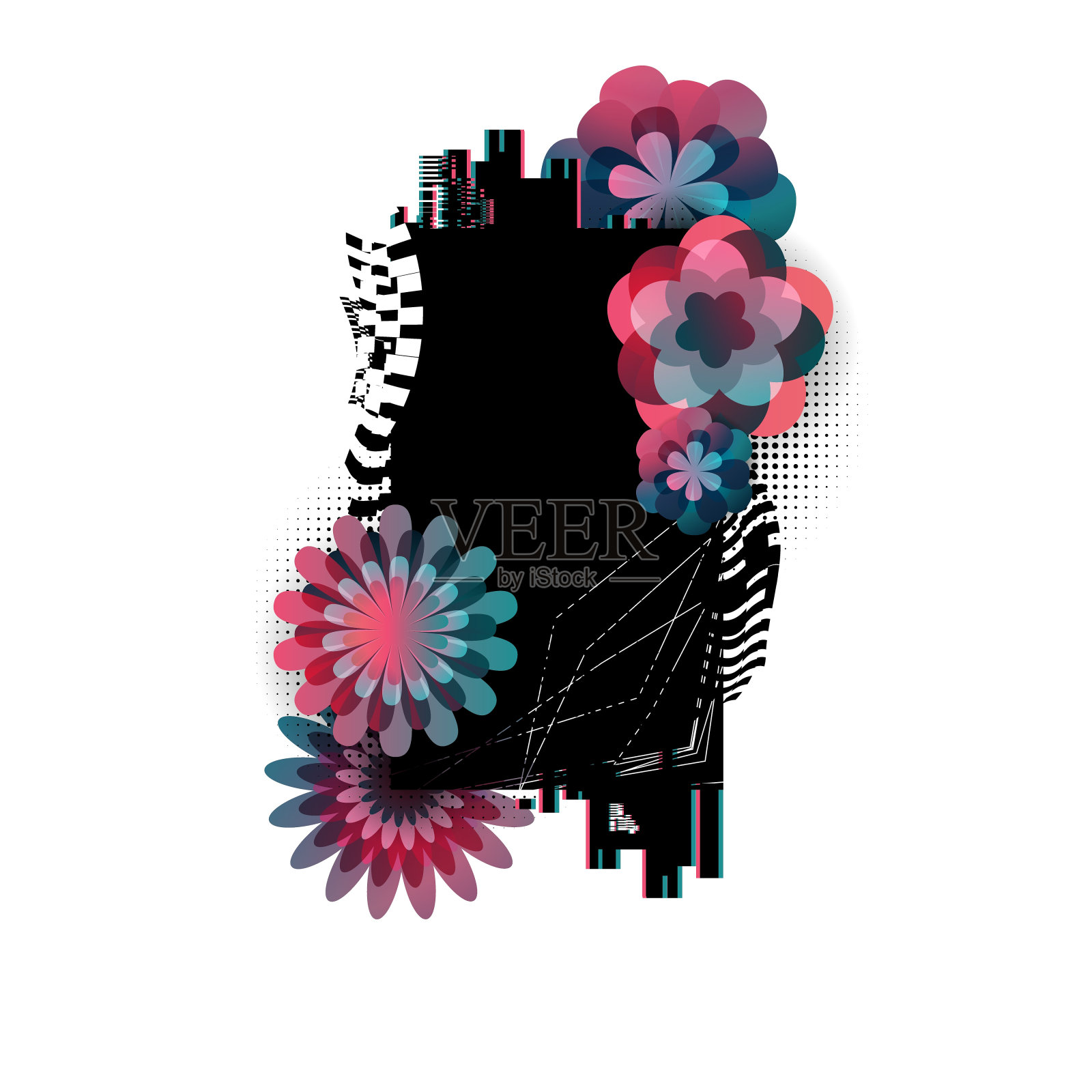 现代几何故障横幅装饰噪音，条纹，数字错误与花卉元素和梯度。向量插画图片素材