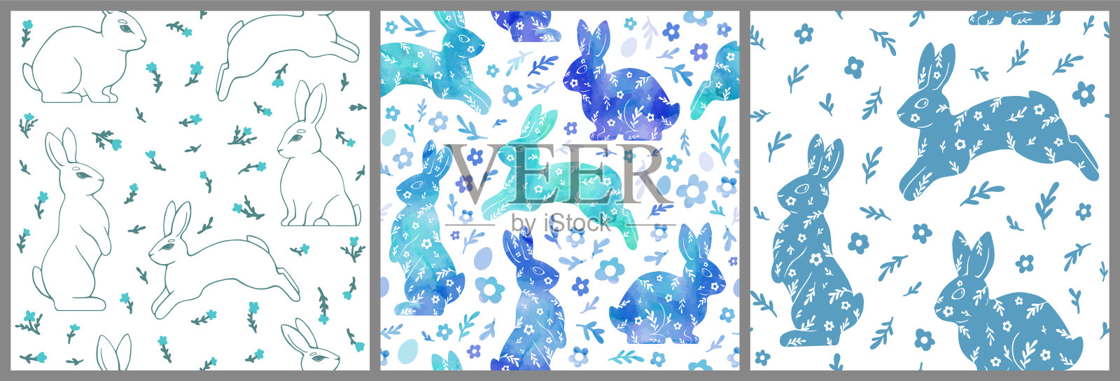 水彩画一只兔子，花和蛋。温柔美丽的矢量插图。一套无缝图案复活节快乐。插画图片素材