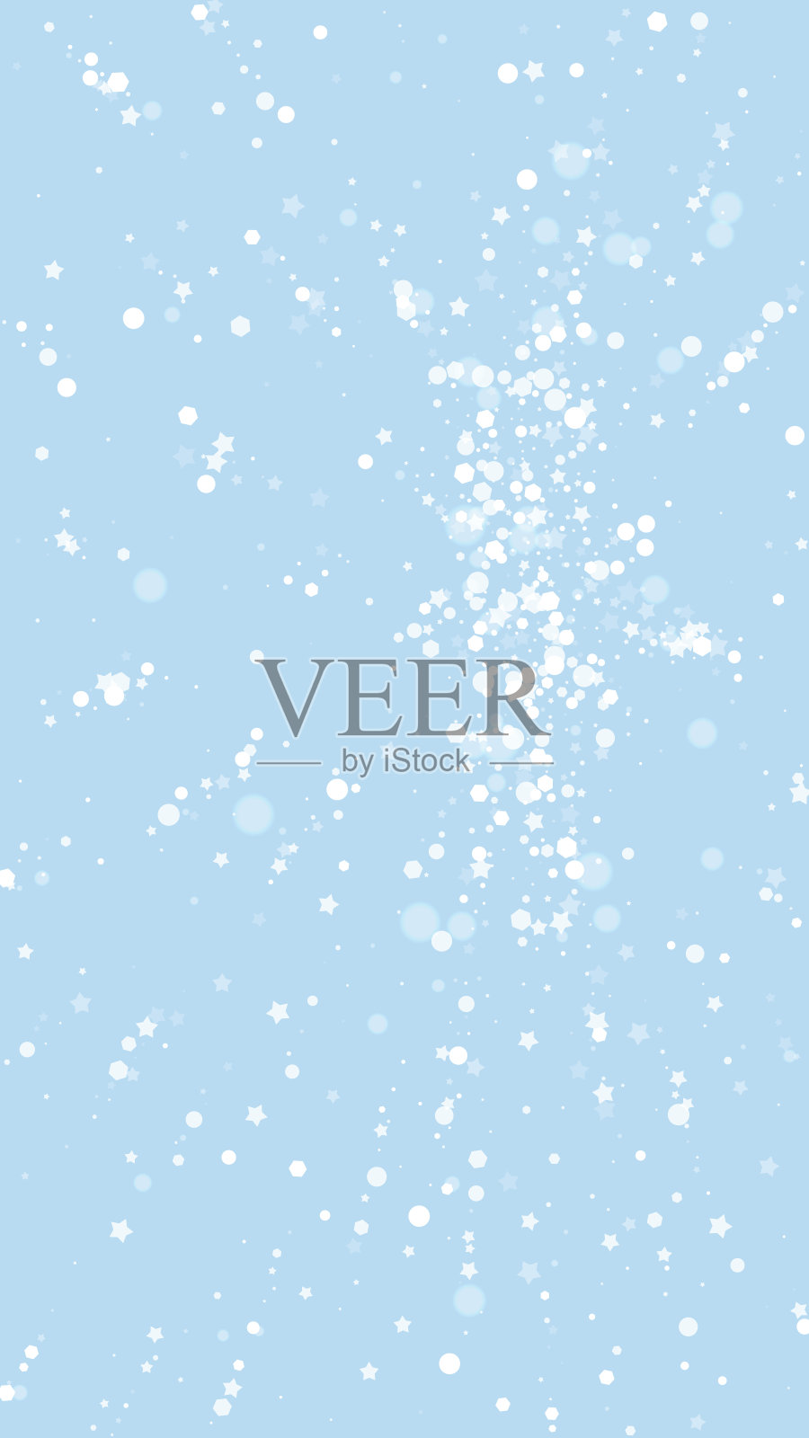神奇飘落的雪花圣诞背景。在浅蓝色的冬季背景上，微妙的雪花和星星飞舞。神奇的雪花飘落的节日风景。垂直矢量插图。插画图片素材