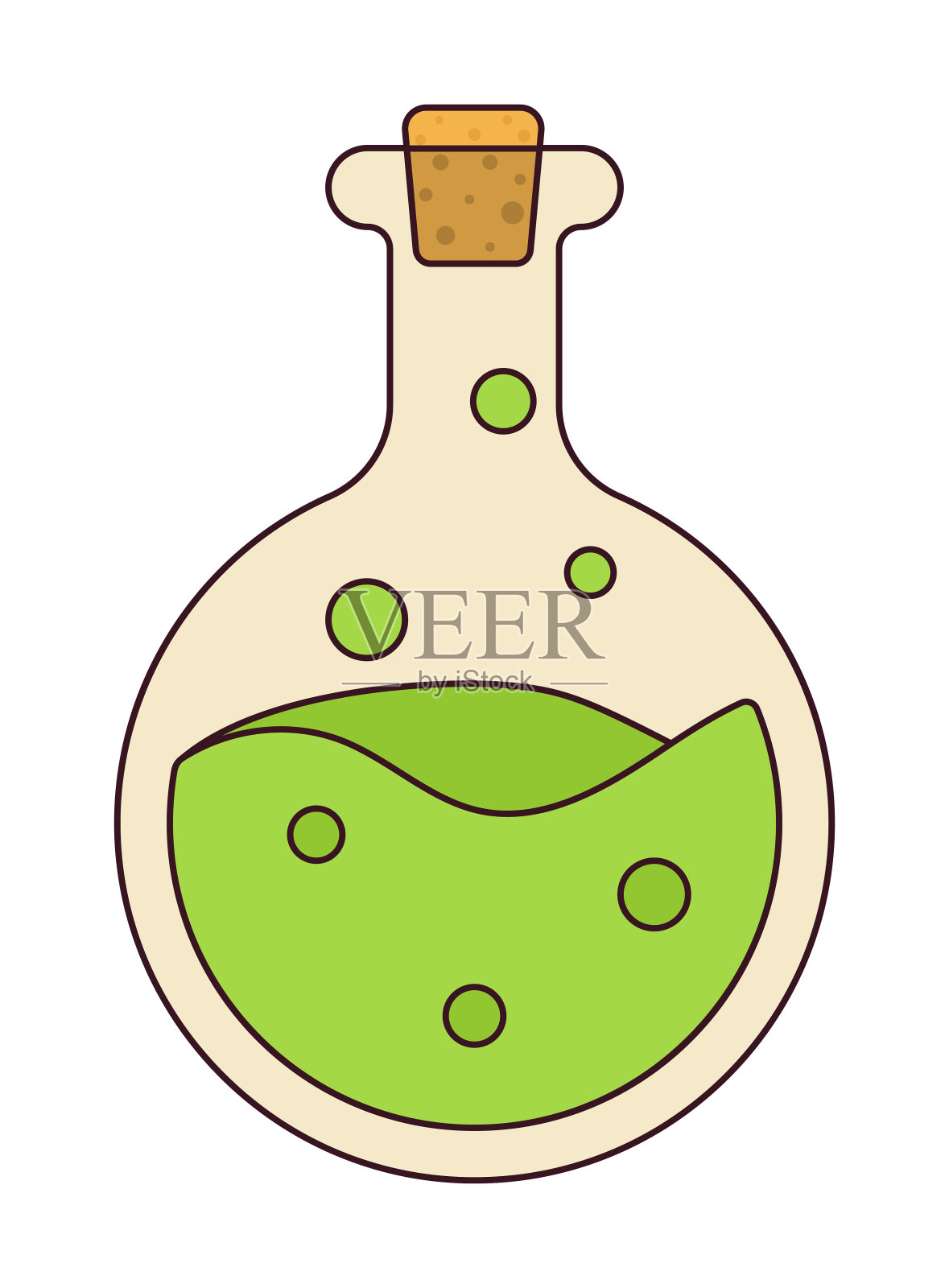 魔法药水图标。插图上了年纪的巫师煮一种冒泡的魔法药水在一个扁平的风格。矢量图插画图片素材