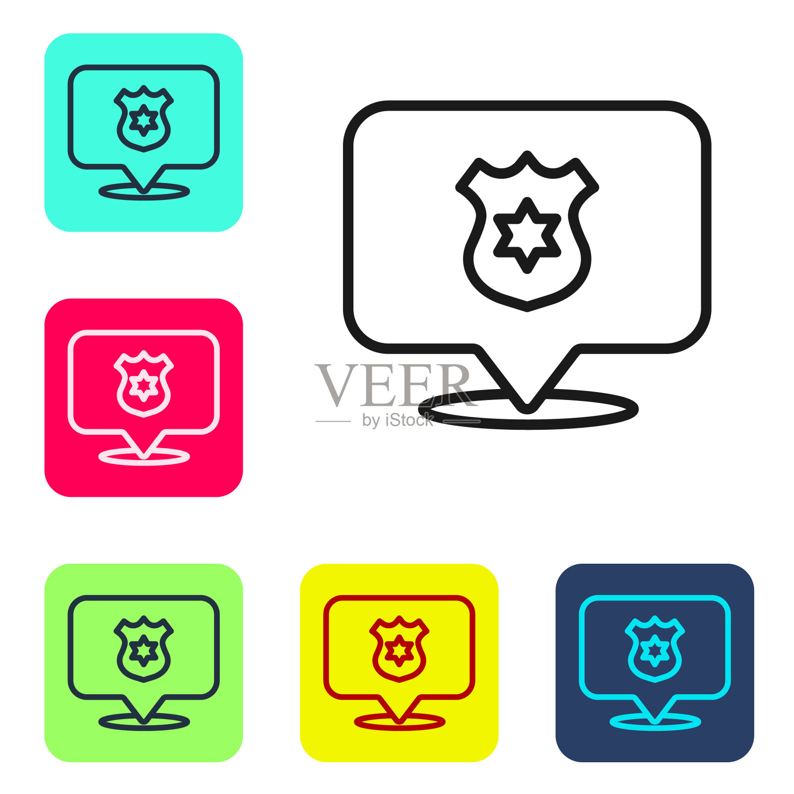 黑线警察徽章图标孤立在白色背景。警长徽章。设置图标为彩色方形按钮。向量插画图片素材