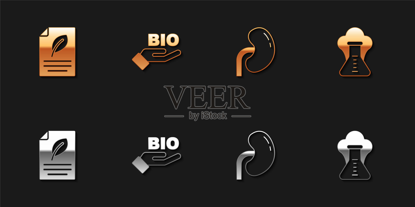 集生态纸与叶子，生物健康食品，人体肾脏和化学爆炸图标。向量插画图片素材