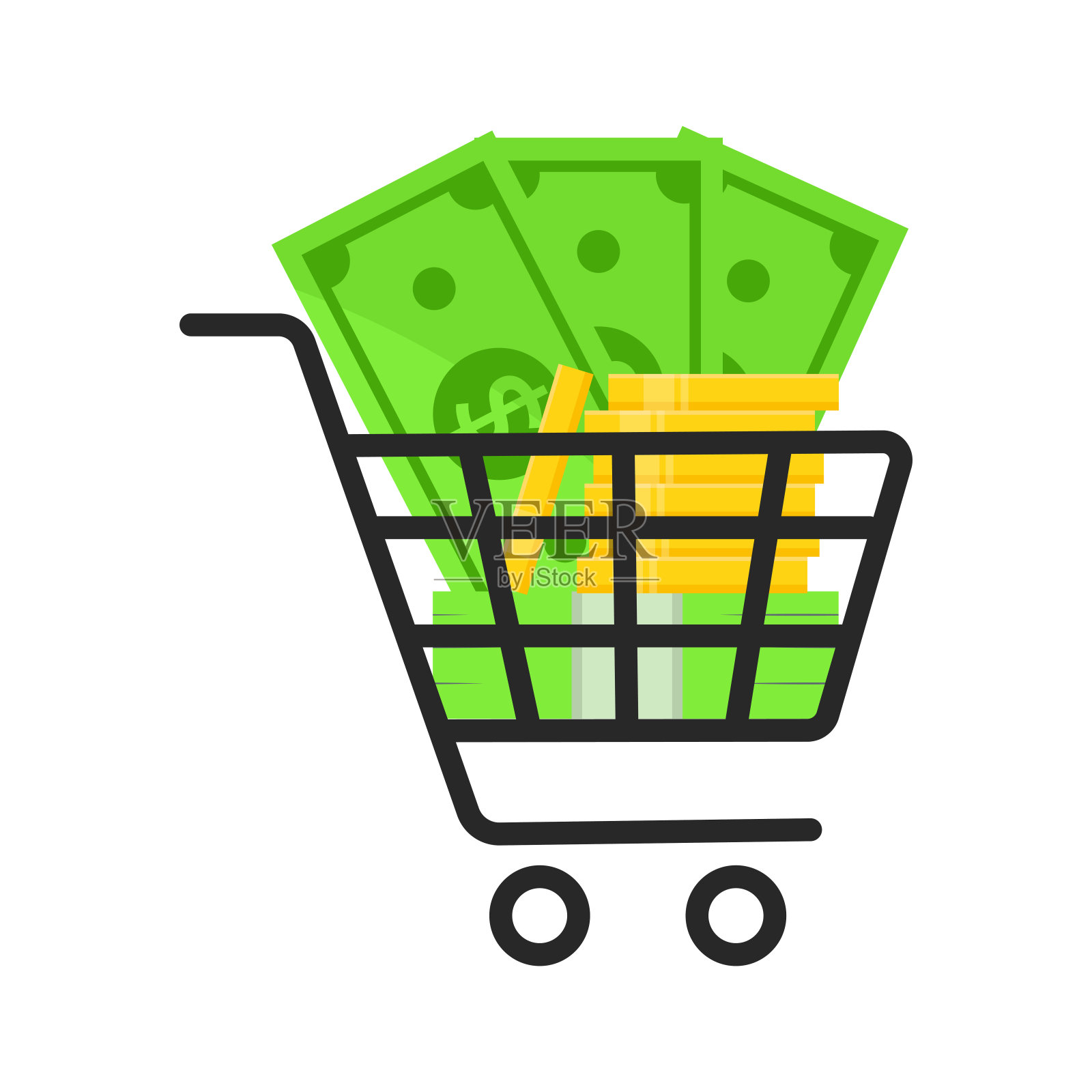 装有纸币和一堆金币的购物车插画图片素材