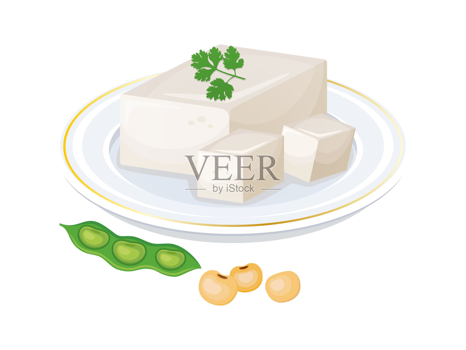 新鲜的天然豆腐立方体在一个盘子矢量插图插画图片素材