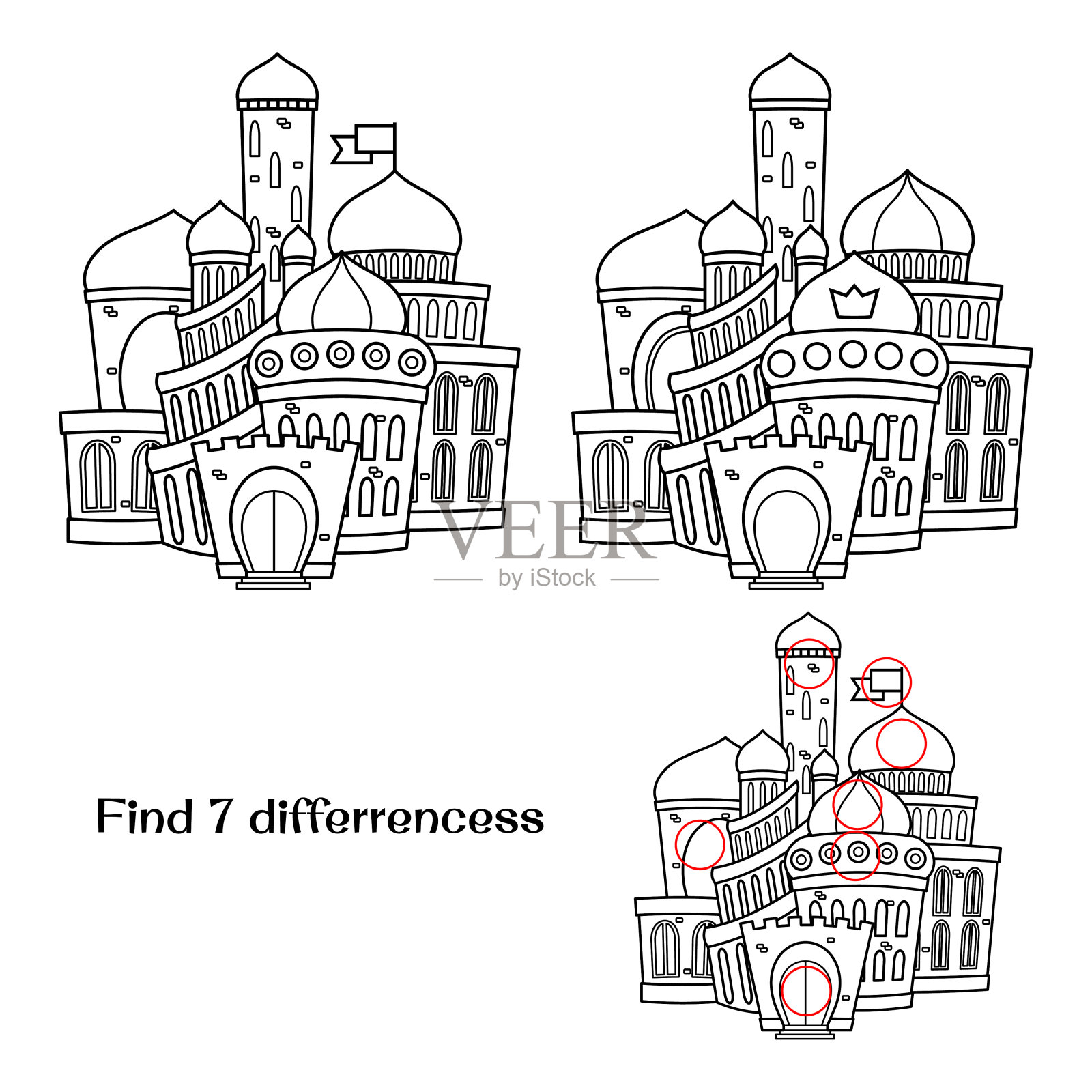 童话般的城堡。找出7个不同点。插画图片素材