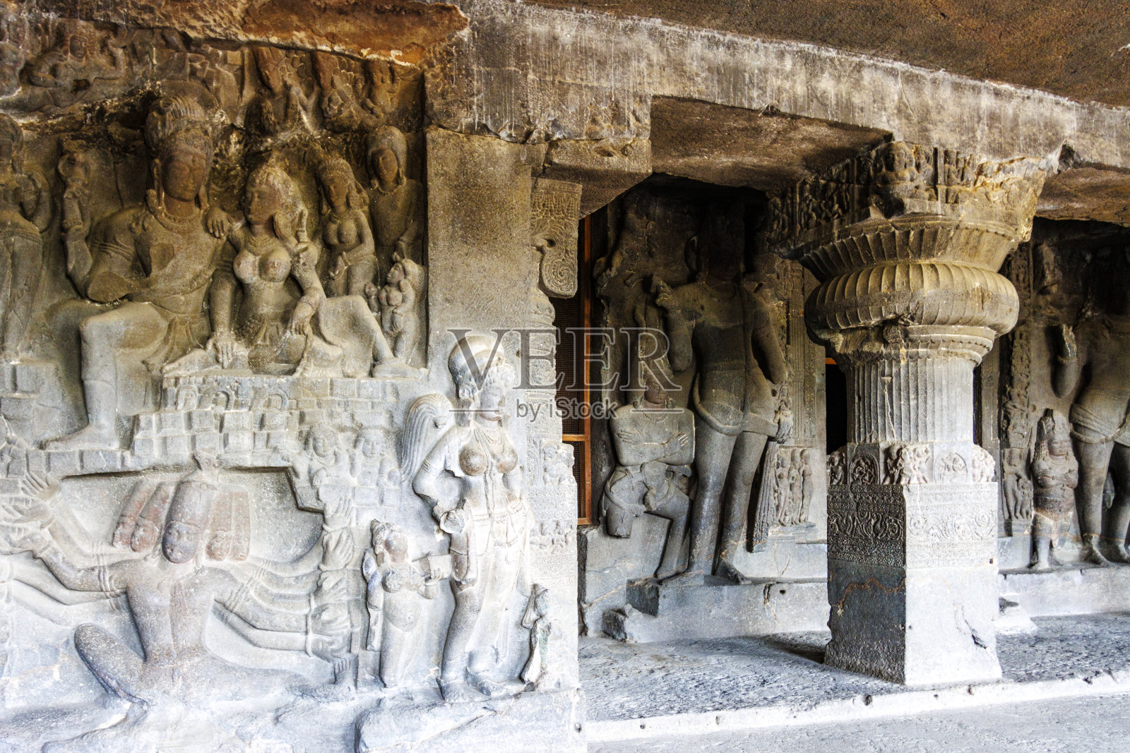 富有装饰的Rameshwara洞穴，洞穴21在艾洛拉，马哈拉施特拉，印度，亚洲照片摄影图片