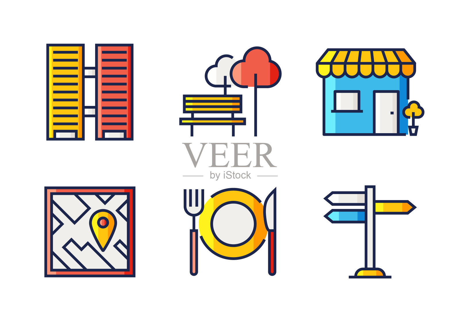 城市生活相关的平线图标。向量符号说明。插画图片素材