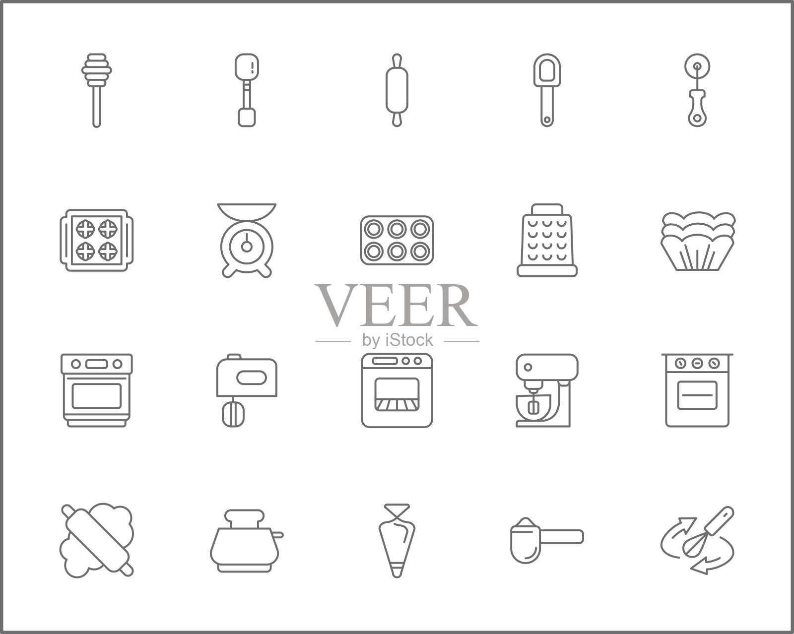 简单的一组烘焙工具相关的矢量线图标。插画图片素材