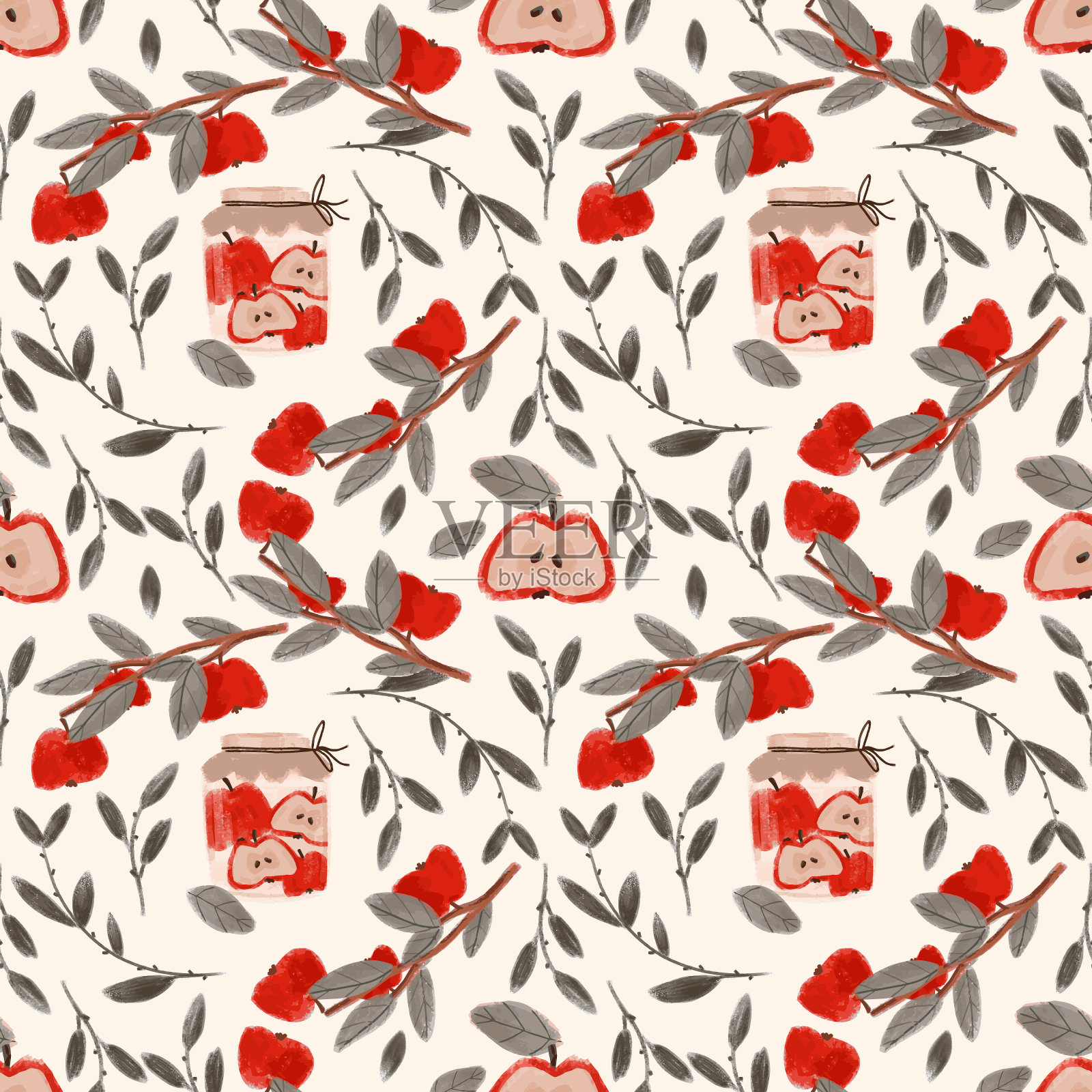 苹果果实，有叶子图案。插画图片素材