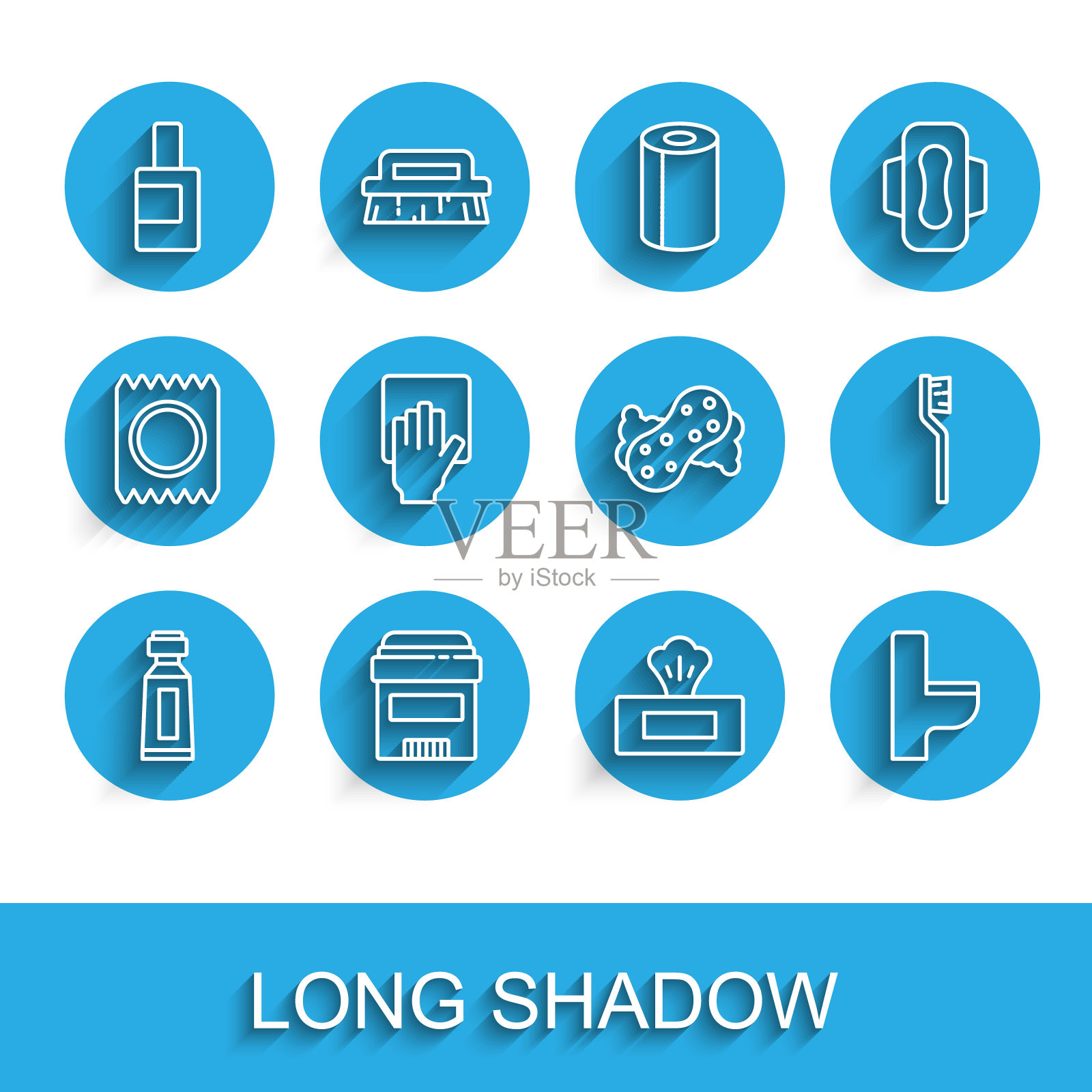 设置牙膏管，止汗除臭剂卷，清洁剂瓶，湿巾包，马桶，清洁服务，牙刷和海绵图标。向量图标素材