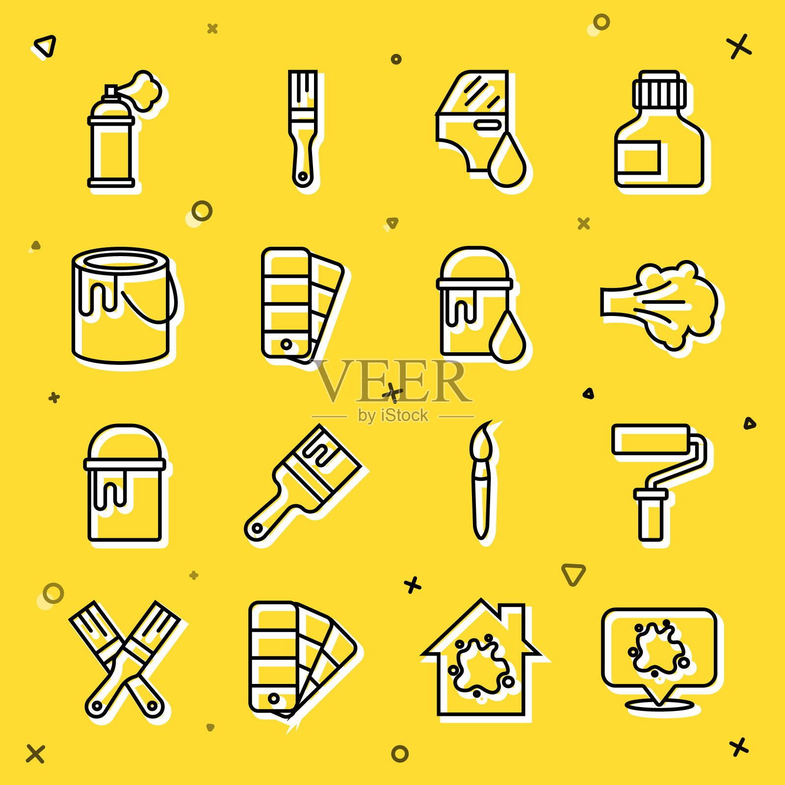 集喷漆，滚筒刷，汽车喷漆，调色板指南，桶，罐和图标。向量图标素材