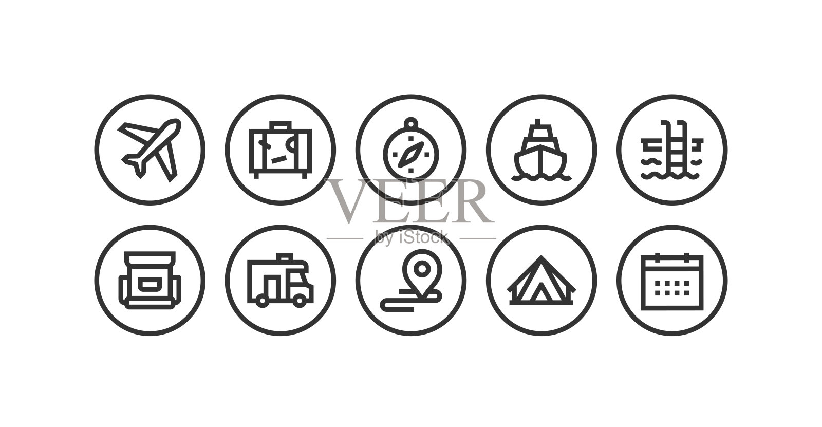 采购产品旅游，机场，手提箱，护照，指南针，船，游泳池图标插画图片素材