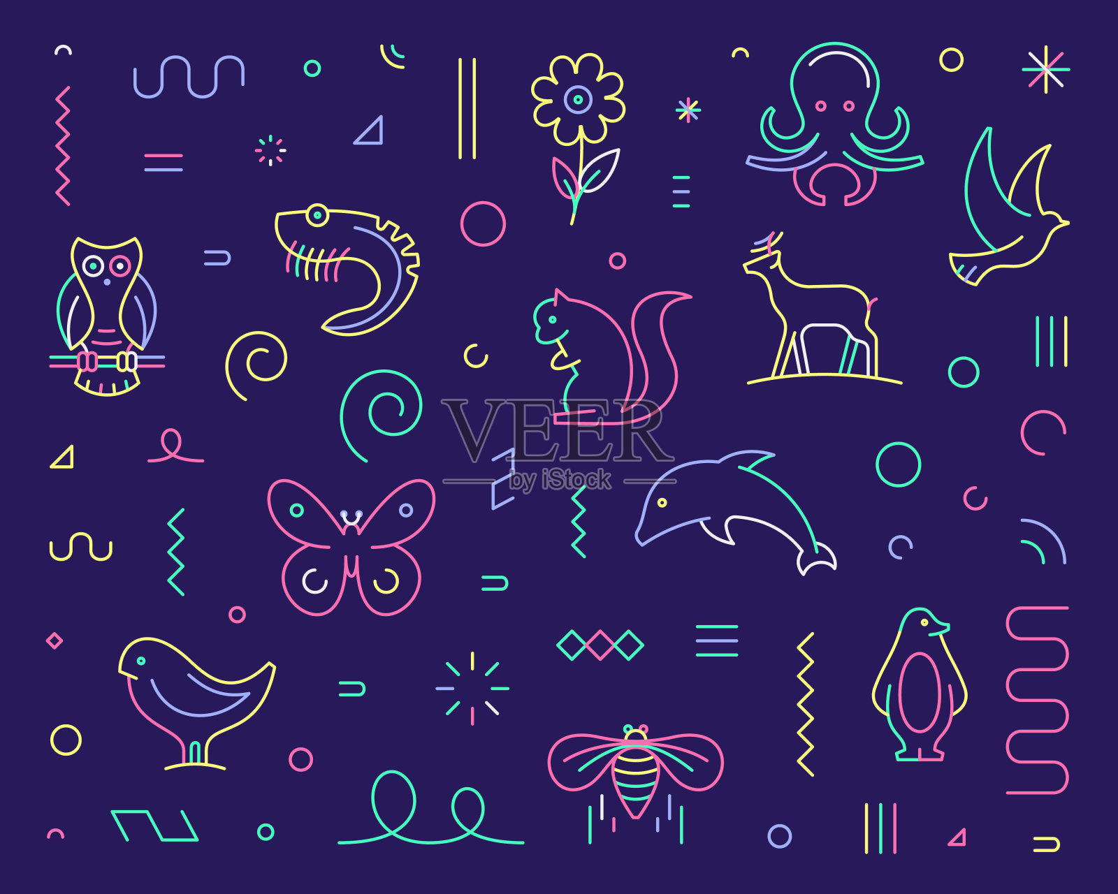 野生动物保护线图标套装和图案插画图片素材