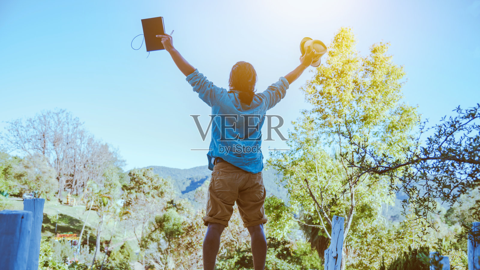 亚洲人旅行自然。旅行放松。学习，读书。自然教育写一张便条夏天在公园。在泰国照片摄影图片