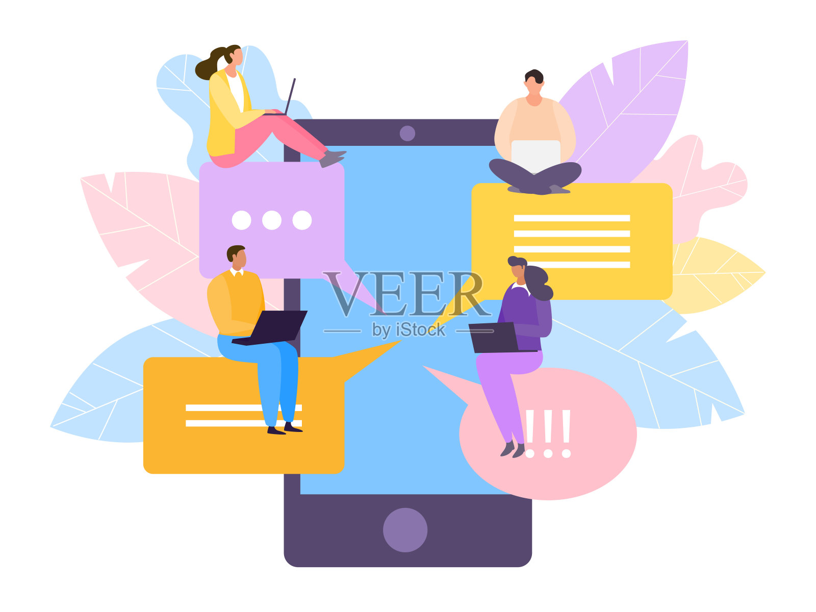 社交媒体为微小的字符在大平面智能手机，矢量插图。人近气泡信息技术，网络语音。插画图片素材