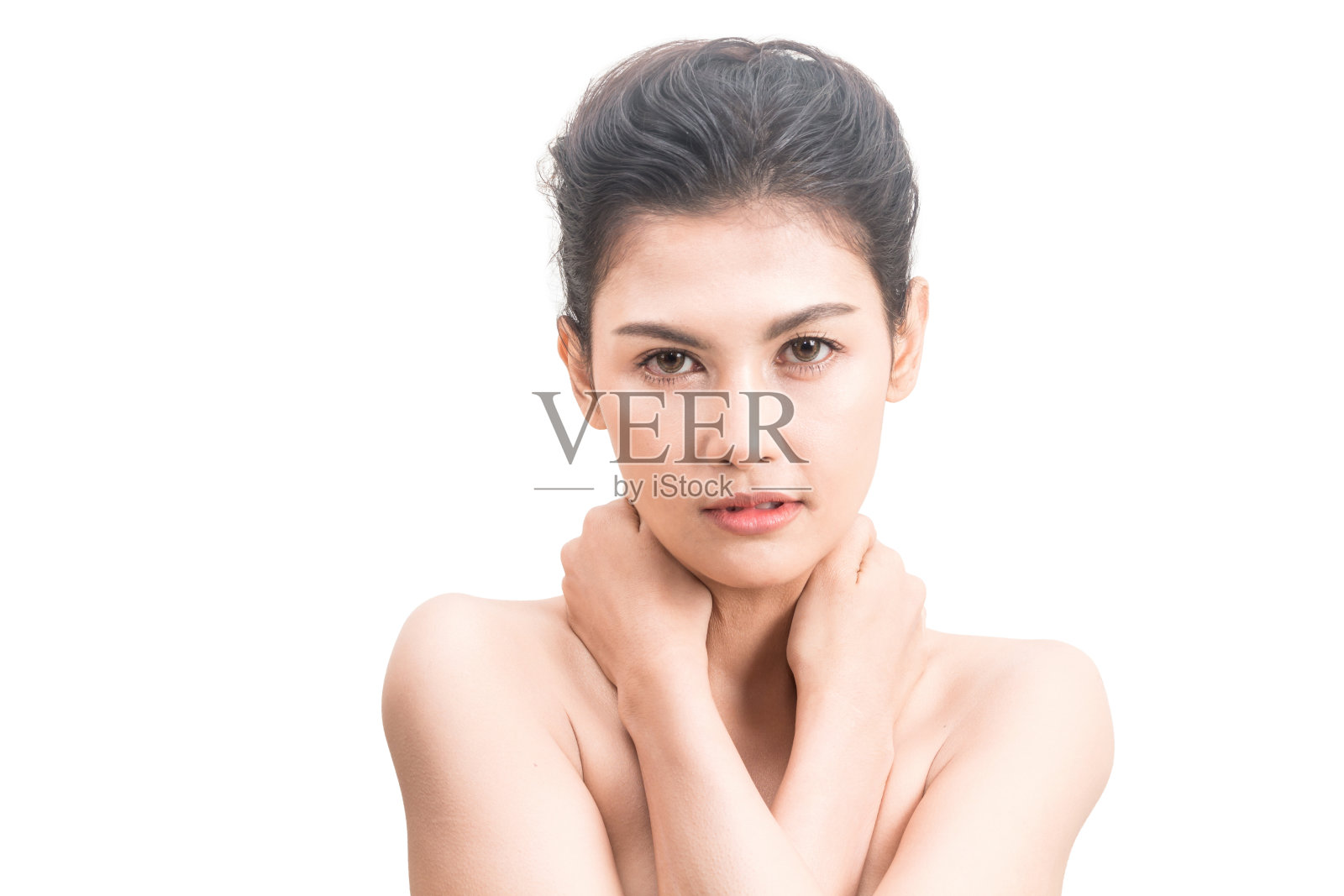 美女美容保健。美容和水疗。完美的新鲜皮肤隔离在白色的背景照片摄影图片